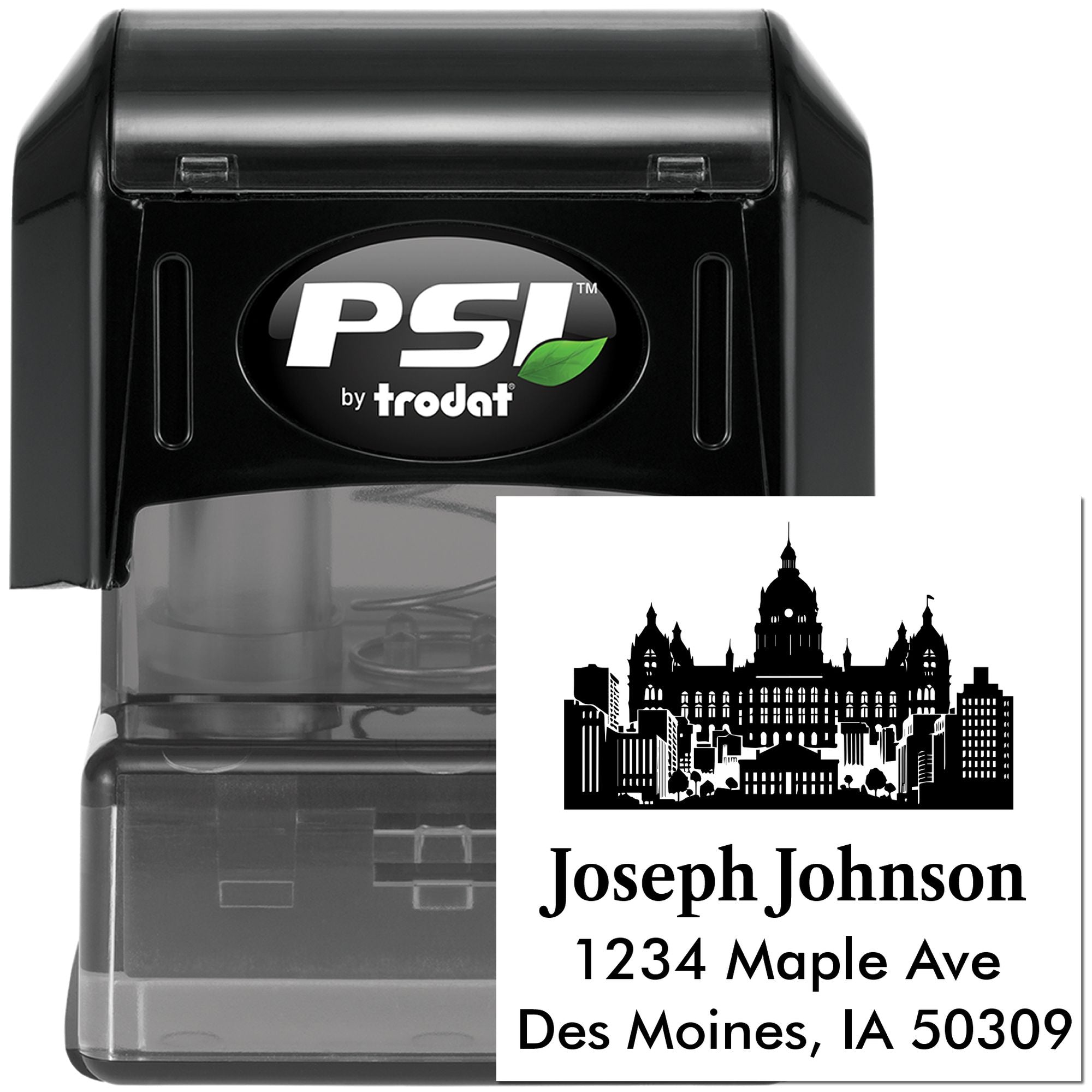 PSI by Trodat custom self-inking rubber stamp with city skyline and address for Joseph Johnson, Des Moines, IA.