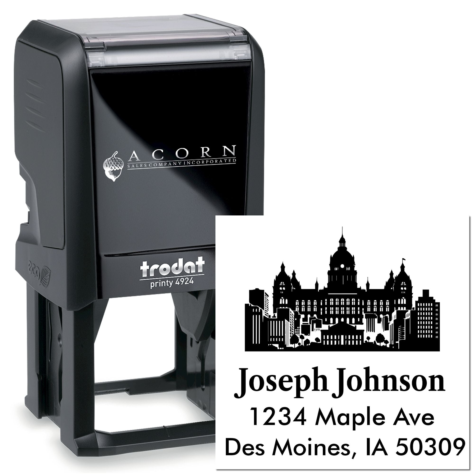 Trodat Printy 4924 custom self-inking address stamp with city skyline and Joseph Johnson return address.
