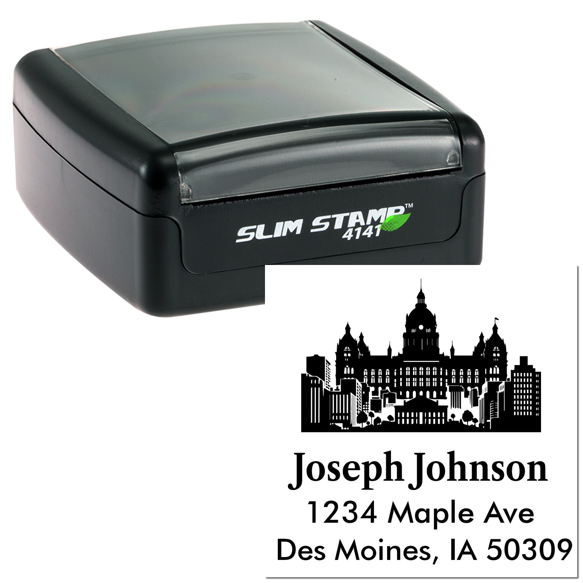 Slim self-inking custom return address rubber stamp with skyline design for Joseph Johnson, Des Moines, IA 50309