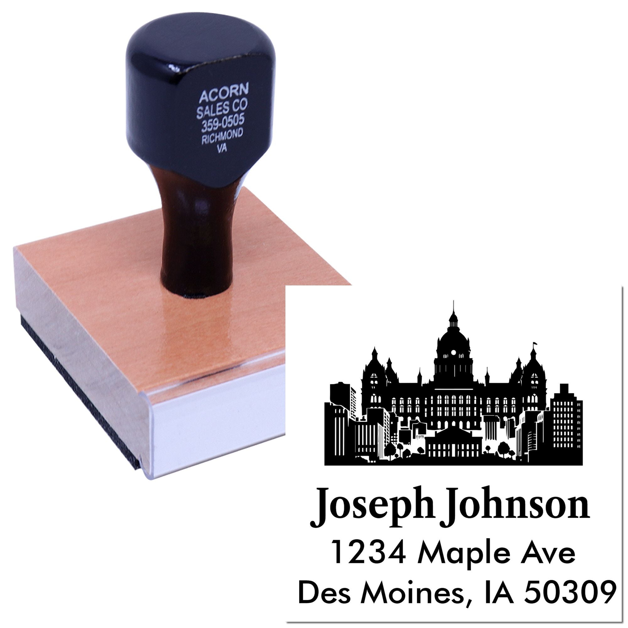 Personalized rubber address stamp with city skyline design and Joseph Johnson, Des Moines, IA 50309 imprint.