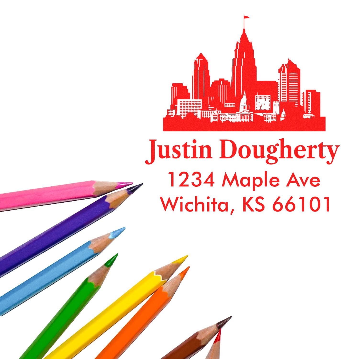 Custom rubber address stamp with Wichita skyline, Justin Dougherty name, and 1234 Maple Ave, Wichita, KS 66101.