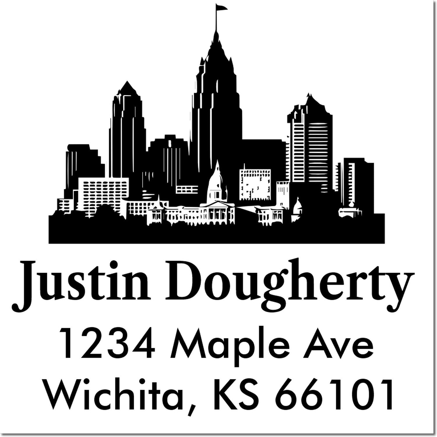 Custom rubber address stamp with Wichita skyline, Justin Dougherty, and 1234 Maple Ave, Wichita, KS 66101.