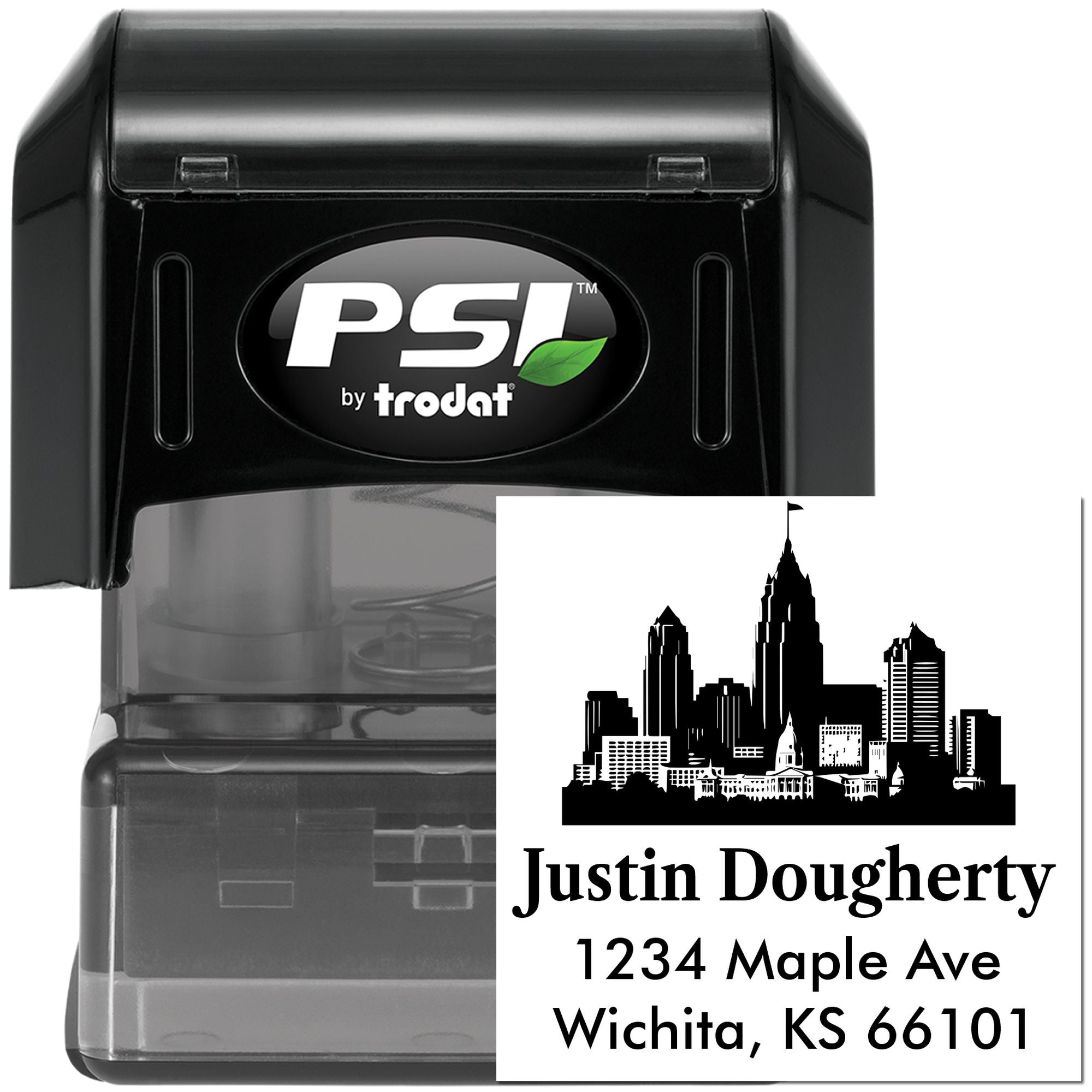 PSI by Trodat self-inking custom address rubber stamp with skyline design for personalized mailing and business use