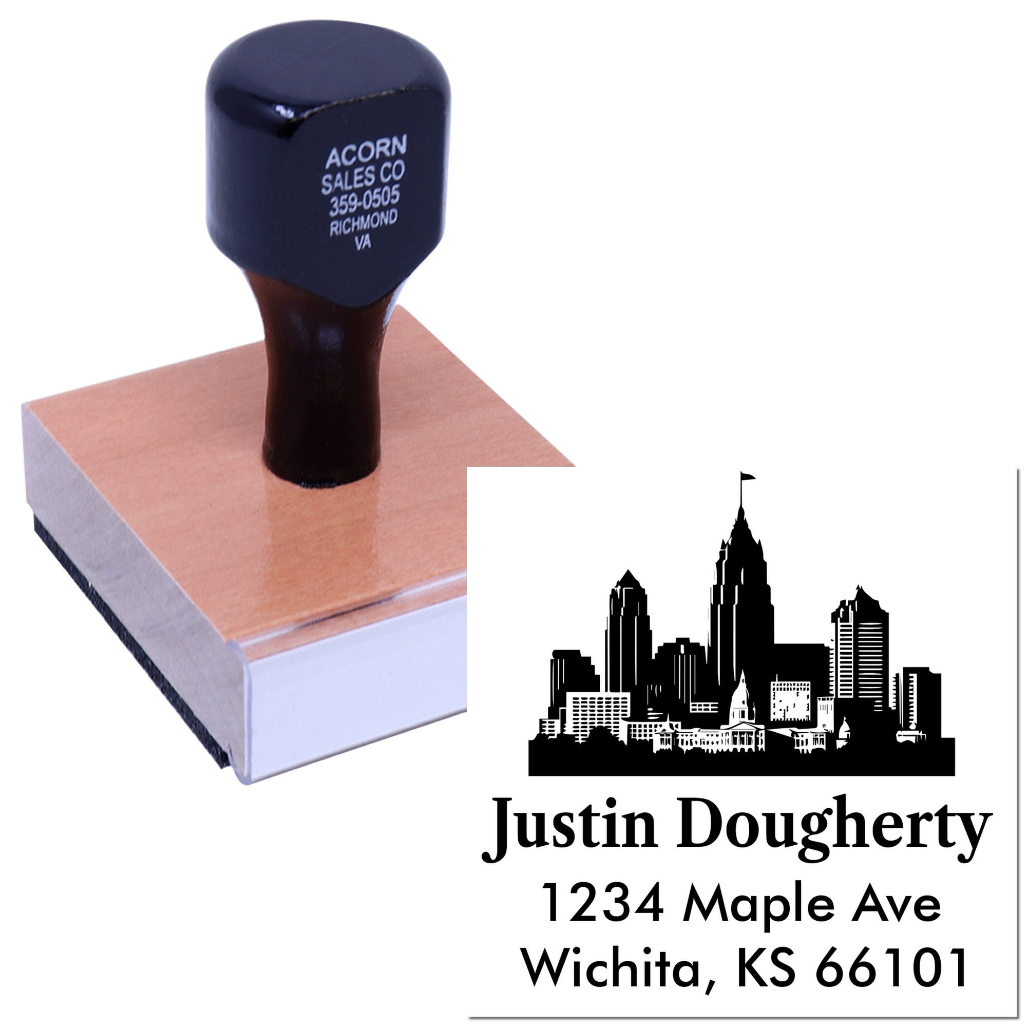 Custom rubber address stamp with skyline design for mailing, featuring name and Wichita, KS address.