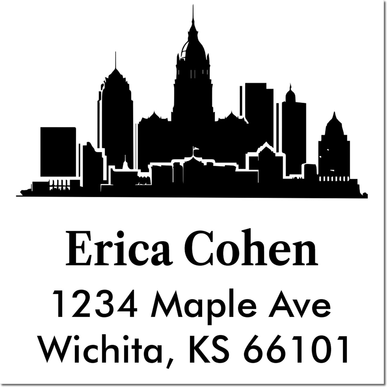 Personalized address rubber stamp with Wichita skyline, Erica Cohen, 1234 Maple Ave, Wichita, KS 66101