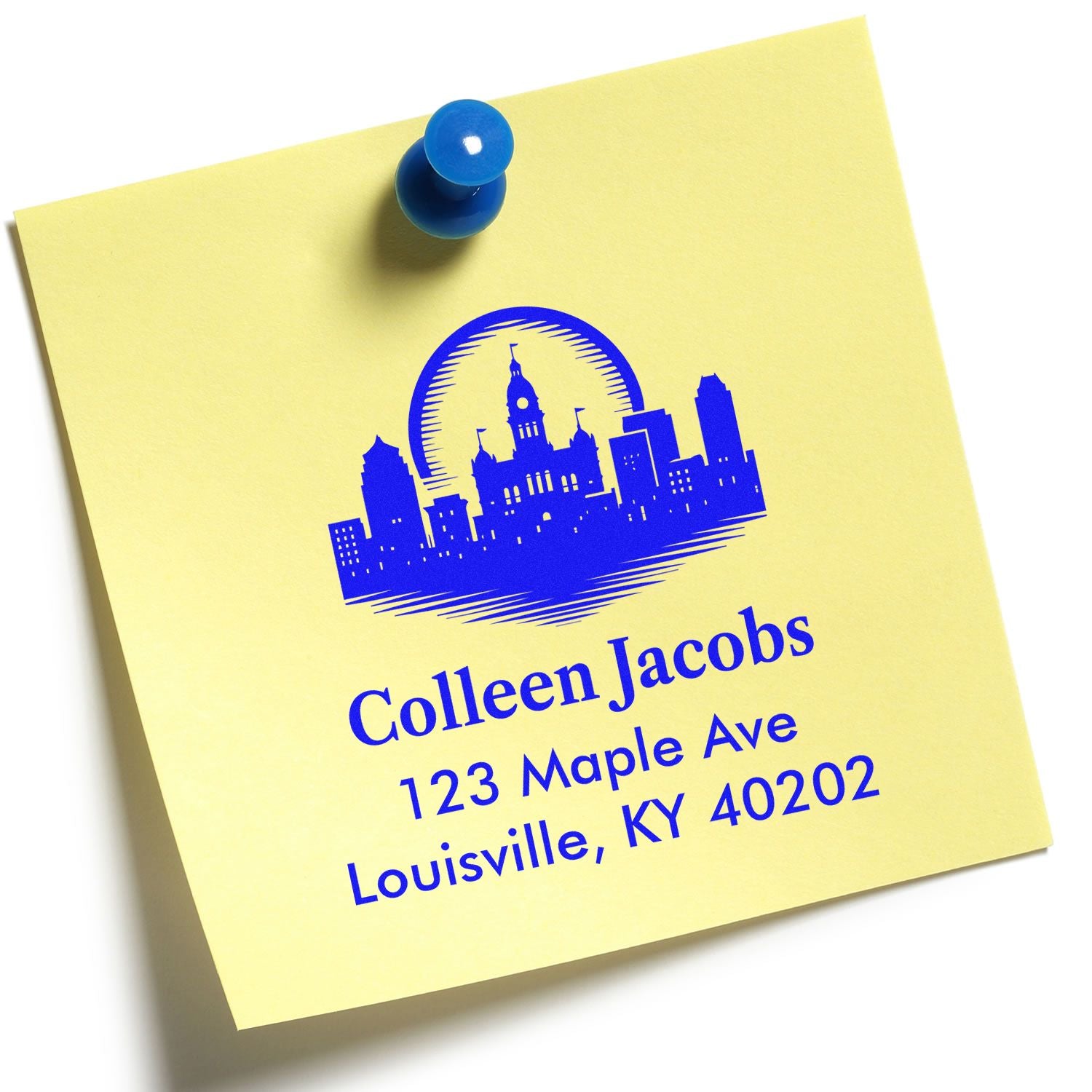 Custom address rubber stamp with skyline logo, personalized for Colleen Jacobs in Louisville, KY.