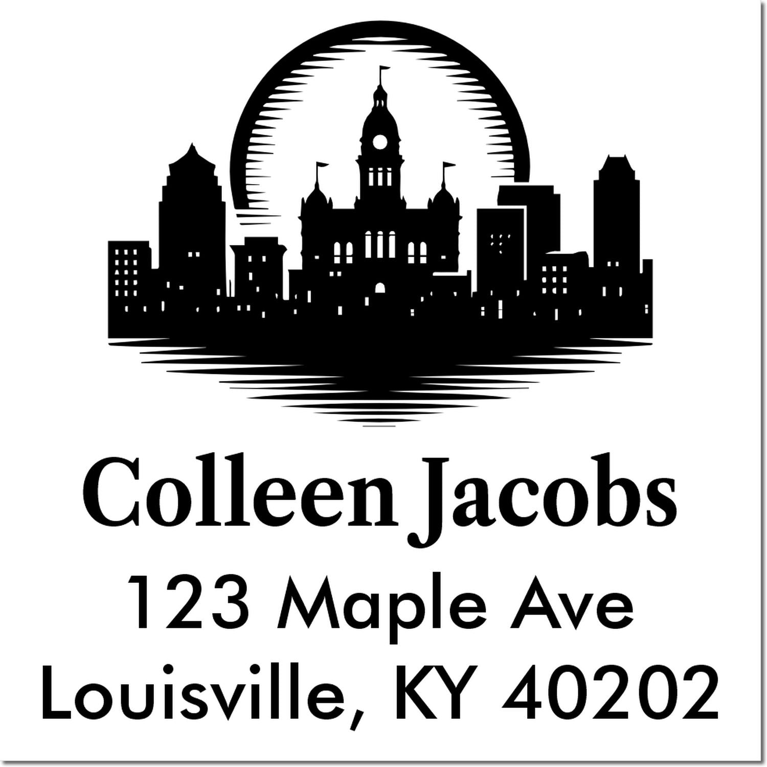 Custom address rubber stamp with Louisville skyline, Colleen Jacobs, 123 Maple Ave, Louisville, KY 40202.