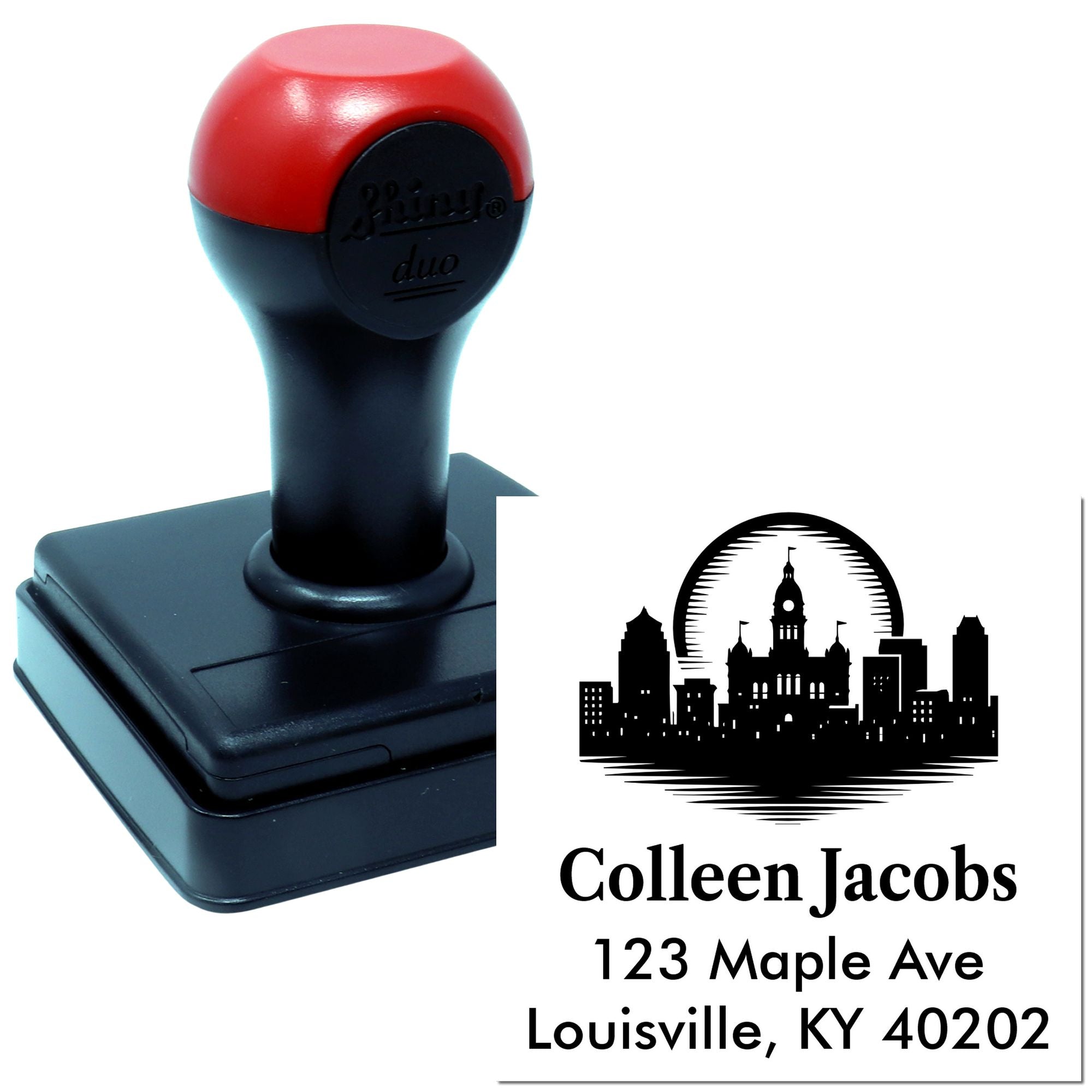 Custom self-inking rubber address stamp with skyline design, featuring name and Louisville, KY return address imprint.