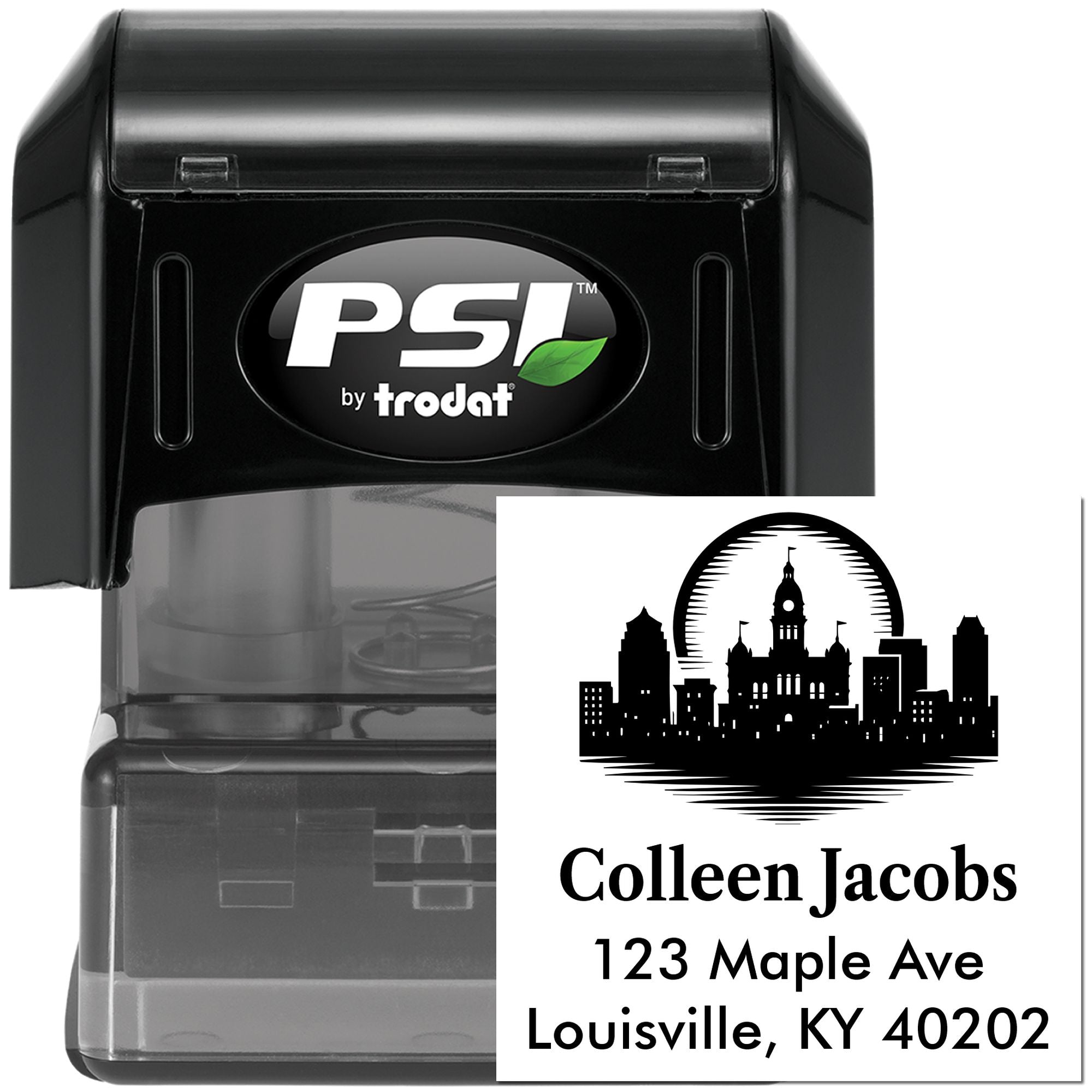 Personalized self-inking rubber stamp with Louisville skyline and return address: Colleen Jacobs, 123 Maple Ave, Louisville, KY 40202.