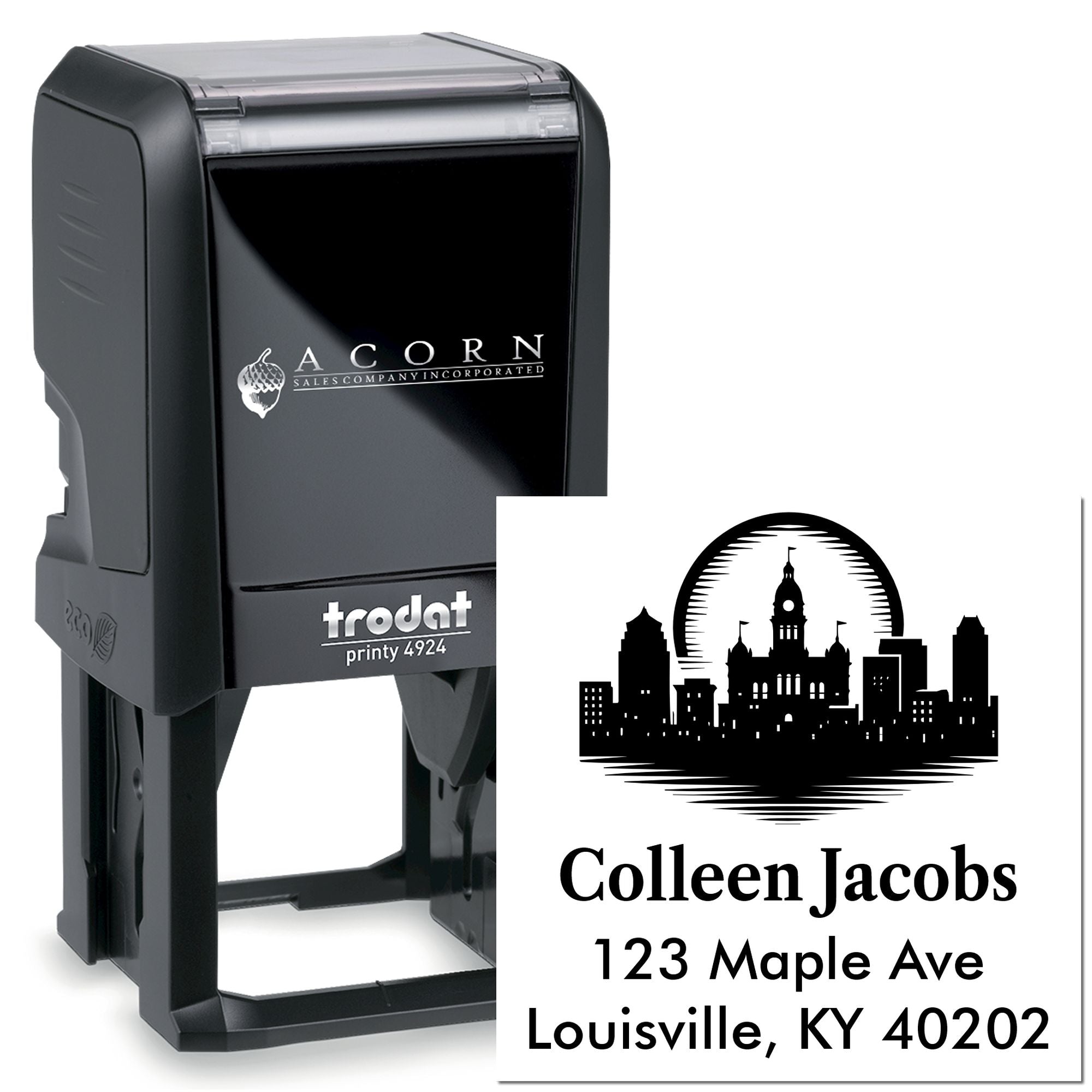 Custom self-inking return address rubber stamp with skyline design and Louisville, KY address