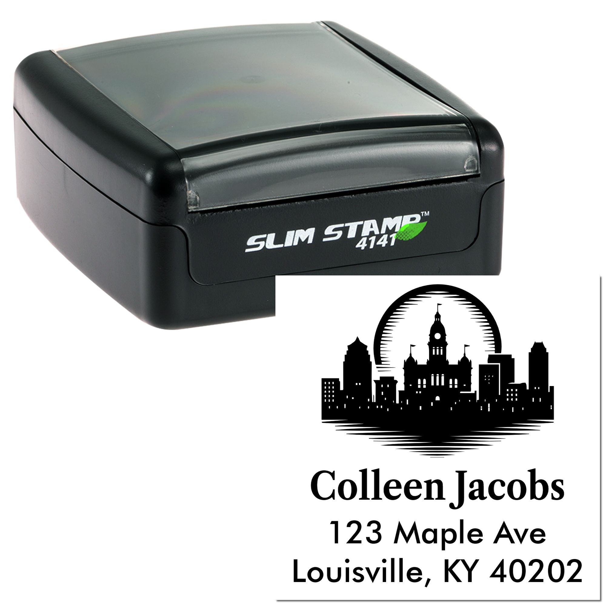 Personalized self-inking rubber address stamp with Louisville, KY skyline and Colleen Jacobs return address.