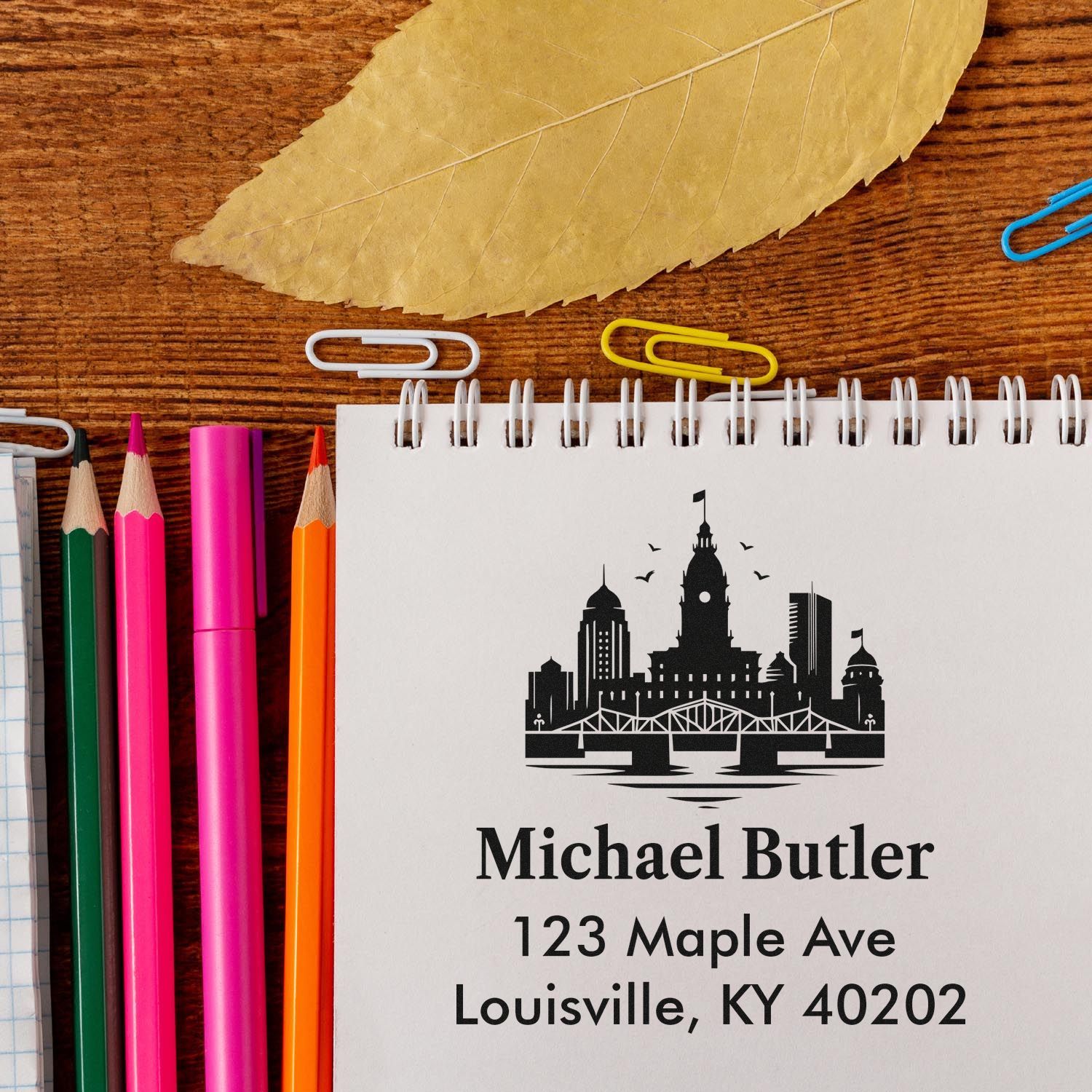 Personalized Louisville, KY return address rubber stamp with skyline design for custom stationery and envelopes.