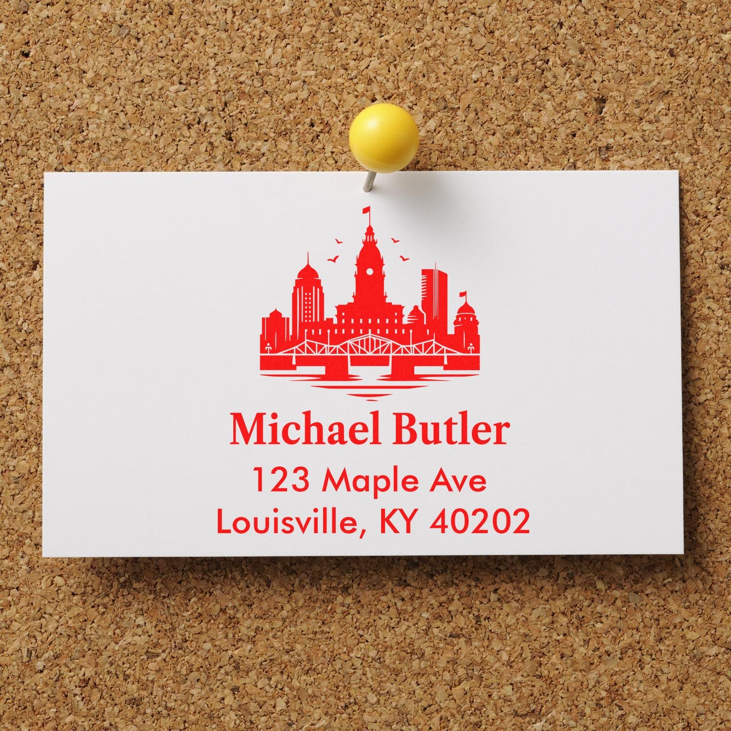 Custom Louisville return address rubber stamp with skyline design for Michael Butler, 123 Maple Ave, KY 40202.
