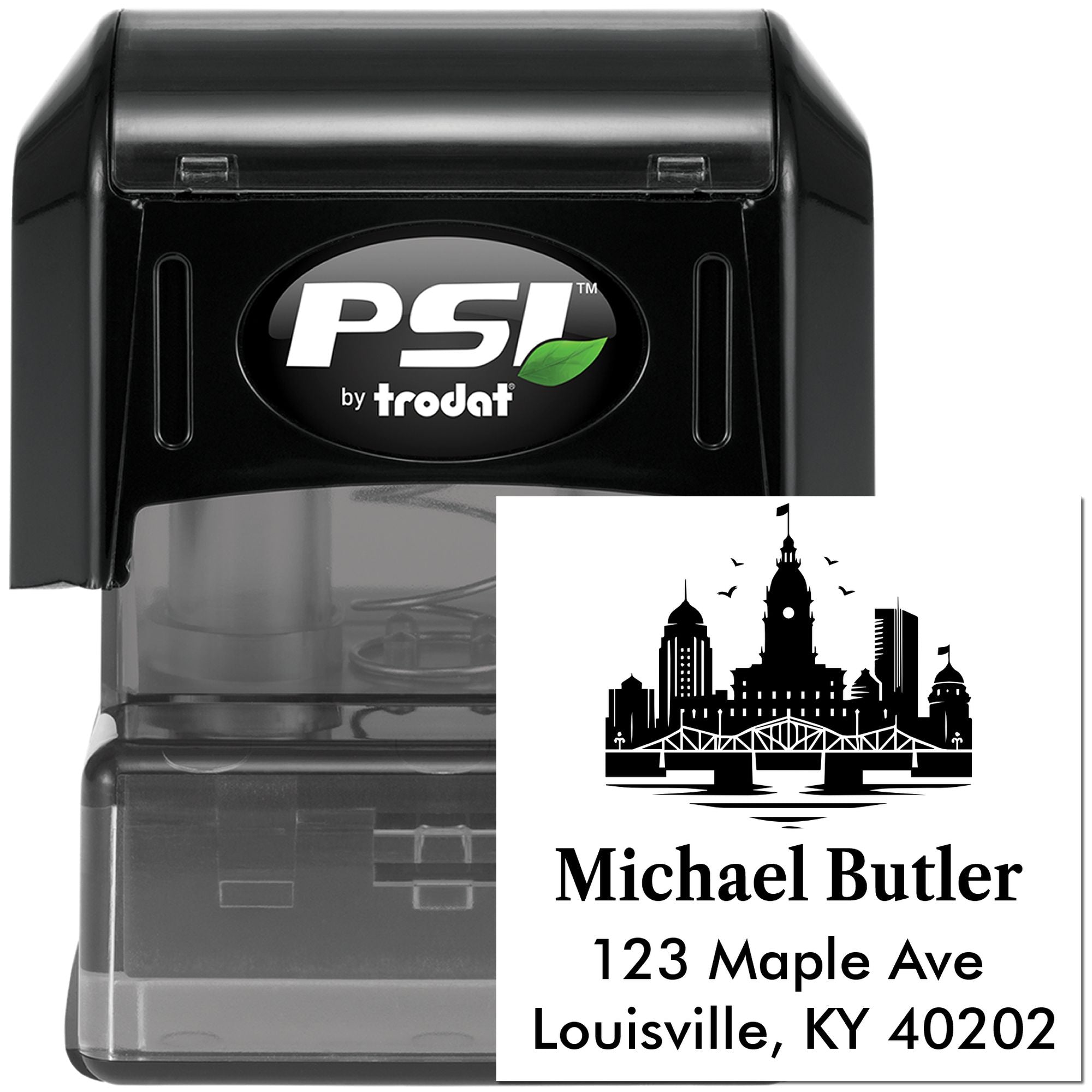 Custom self-inking rubber address stamp by PSI Trodat with skyline design for Michael Butler, Louisville, KY 40202