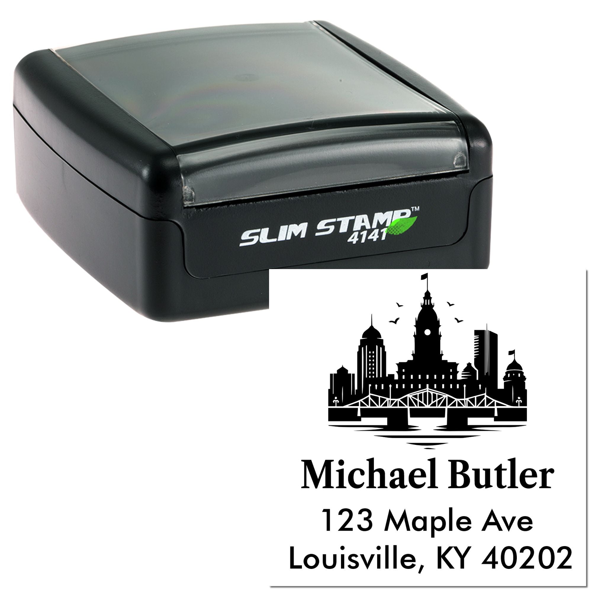Custom self-inking rubber stamp with Louisville skyline and address imprint for personalized business or mail labeling.