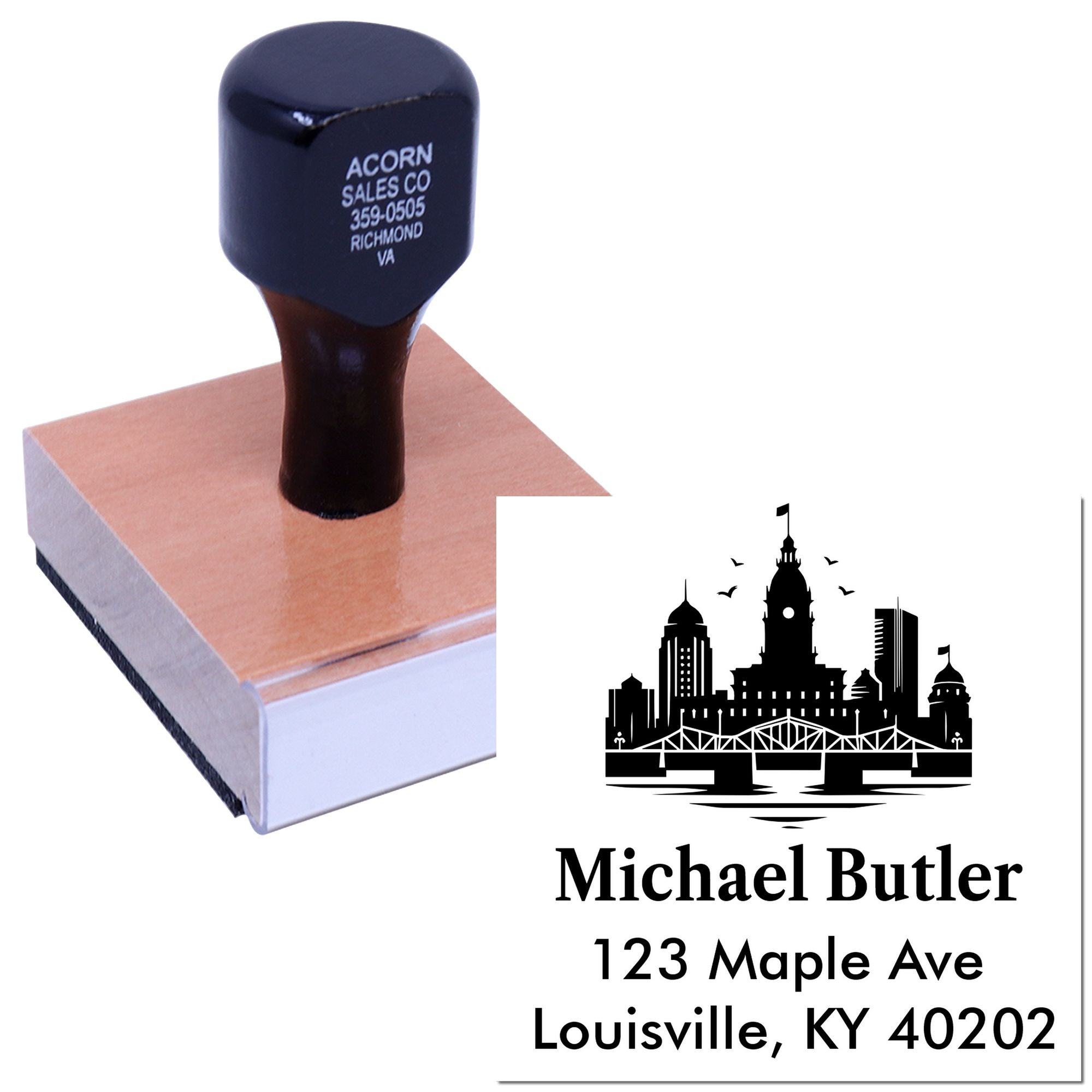 Custom self-inking address rubber stamp with city skyline logo for Michael Butler, Louisville KY 40202