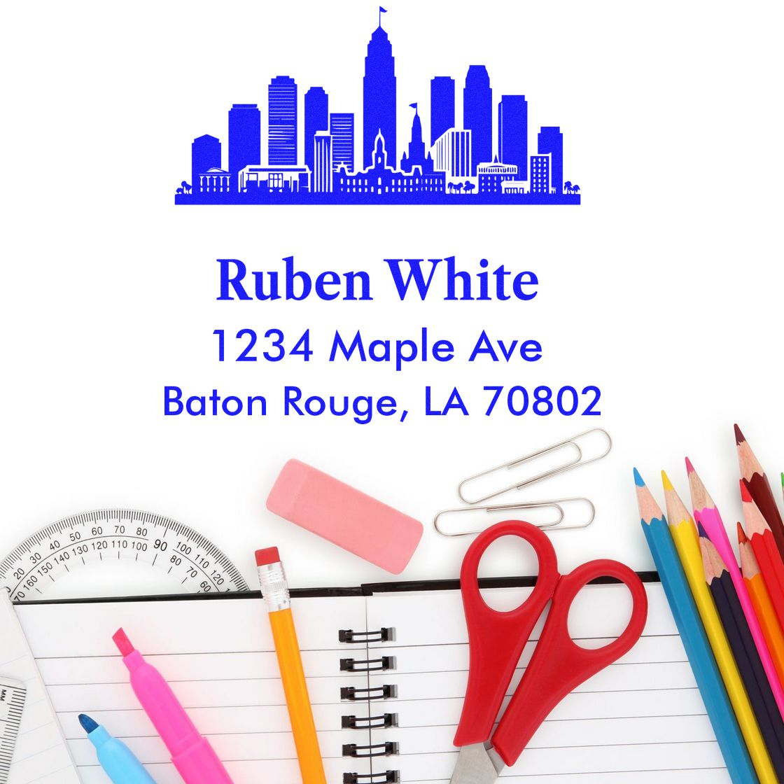 Custom return address rubber stamp with city skyline design for Ruben White, 1234 Maple Ave, Baton Rouge, LA 70802.