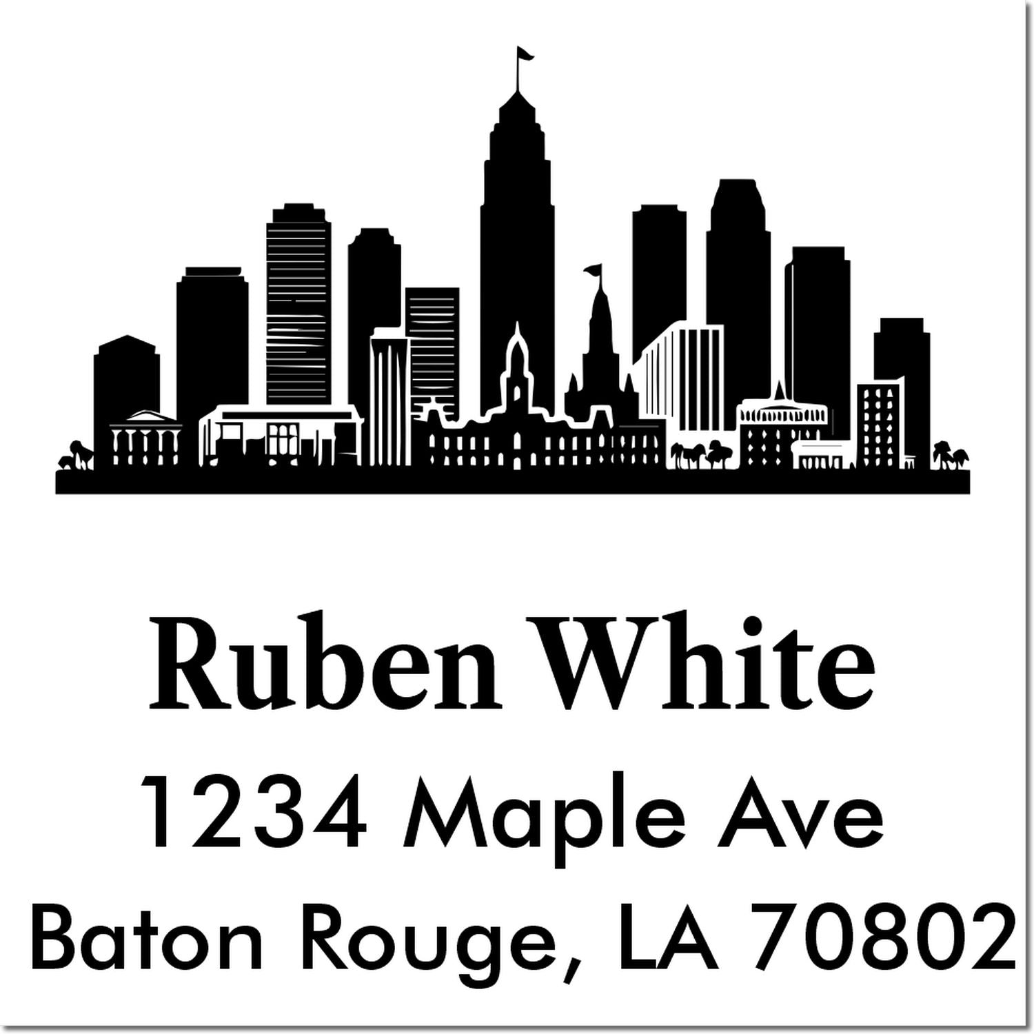 Custom address stamp with Baton Rouge skyline for Ruben White, 1234 Maple Ave, Baton Rouge, LA 70802.