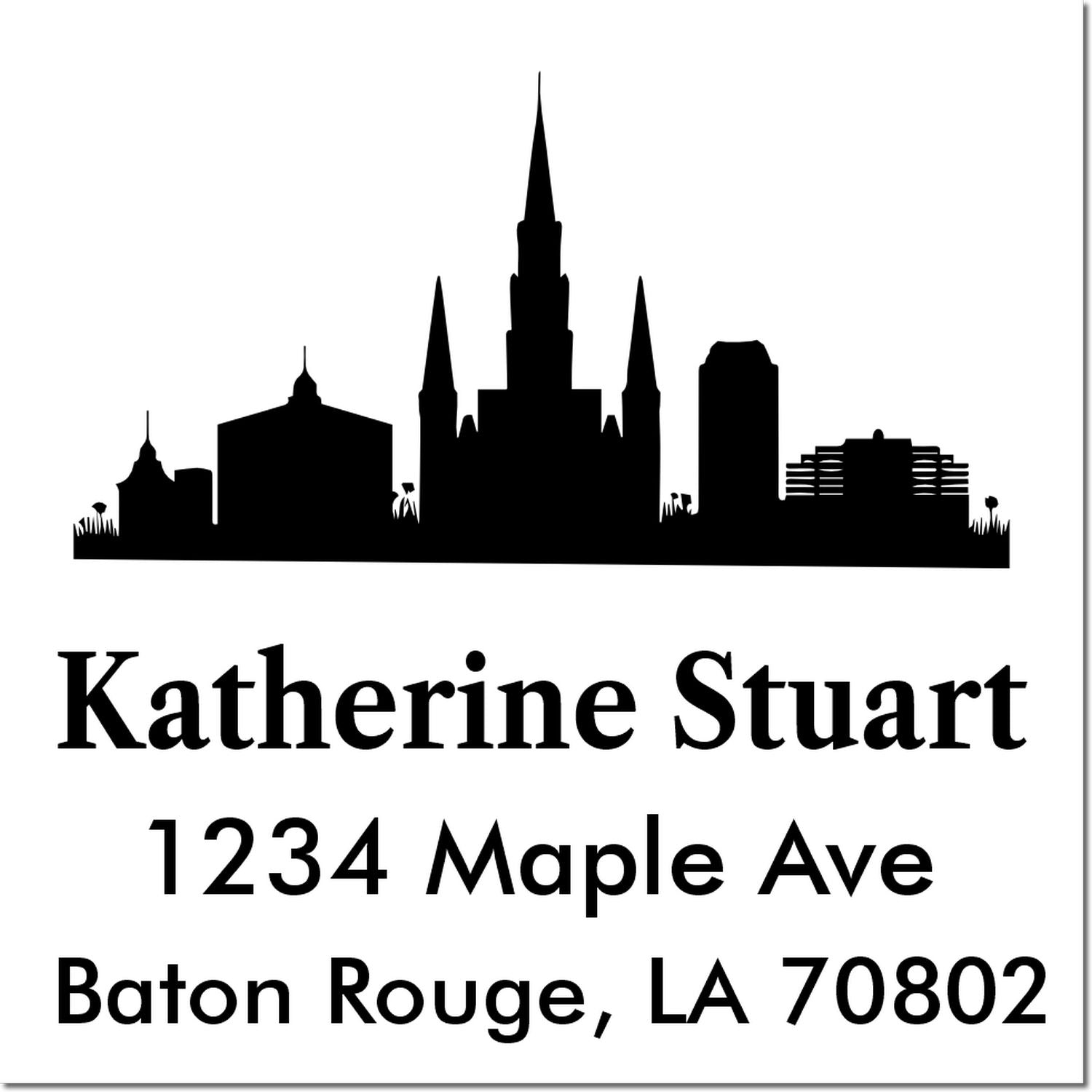 Custom address rubber stamp with city skyline silhouette for Katherine Stuart, 1234 Maple Ave, Baton Rouge, LA 70802.