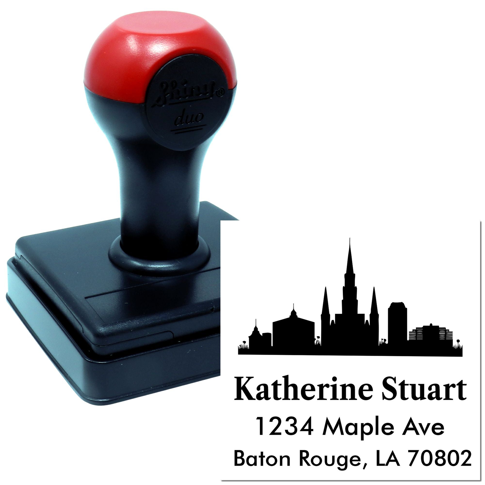 Custom self-inking rubber address stamp with skyline design for Baton Rouge, LA return addresses