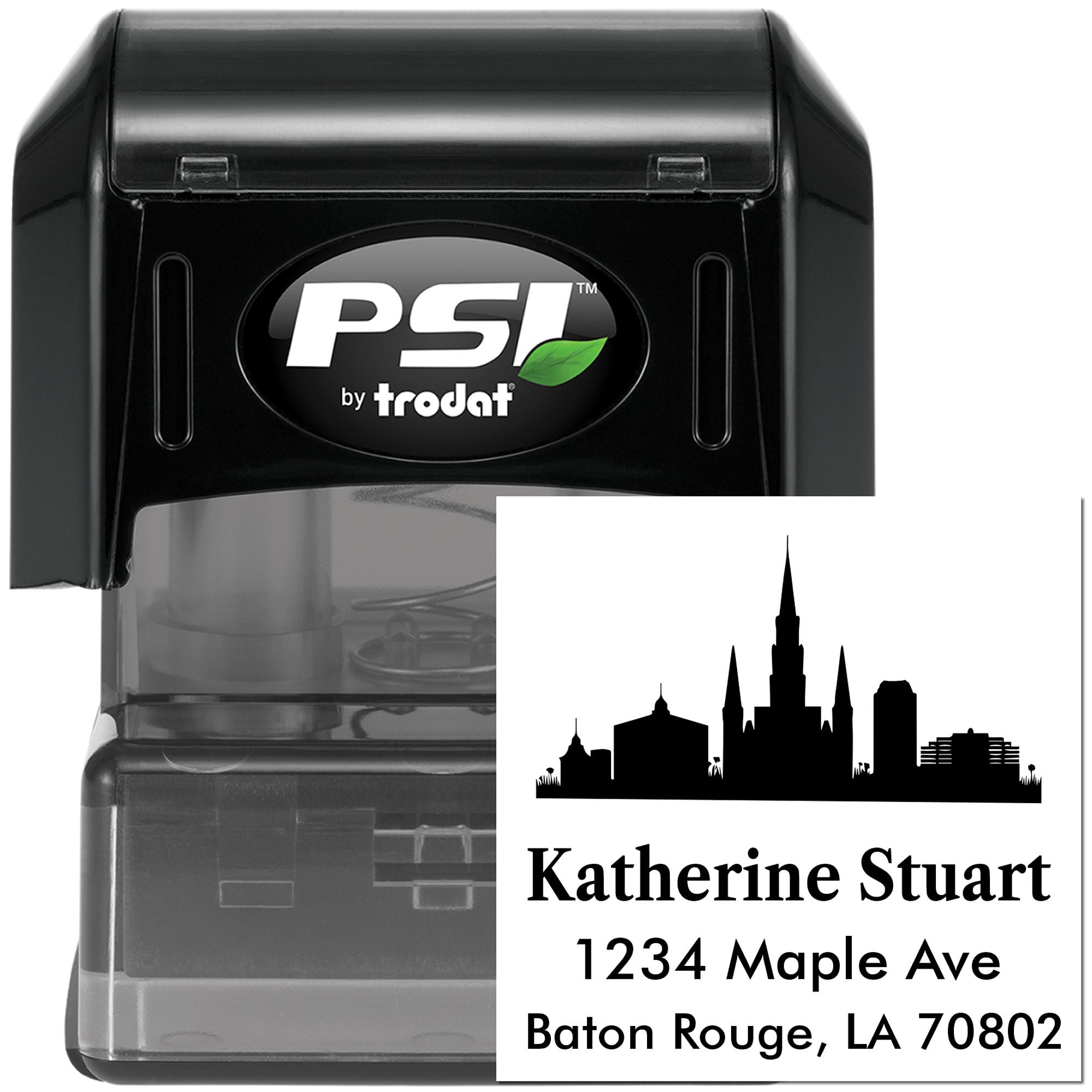 PSI by Trodat custom self-inking address rubber stamp with Baton Rouge skyline design and Katherine Stuart mailing address