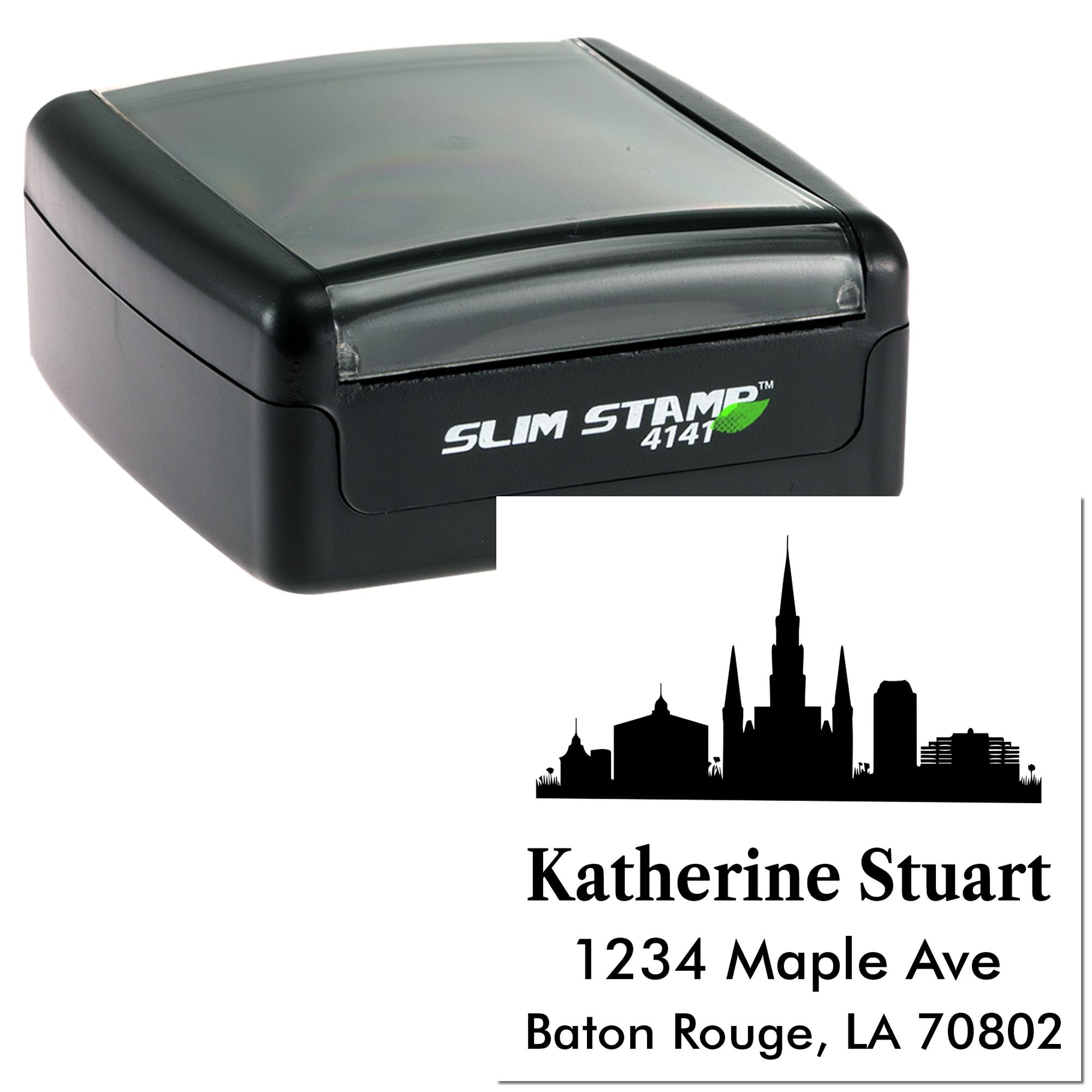 Custom self-inking rubber stamp with skyline return address design for Katherine Stuart, Baton Rouge, LA.