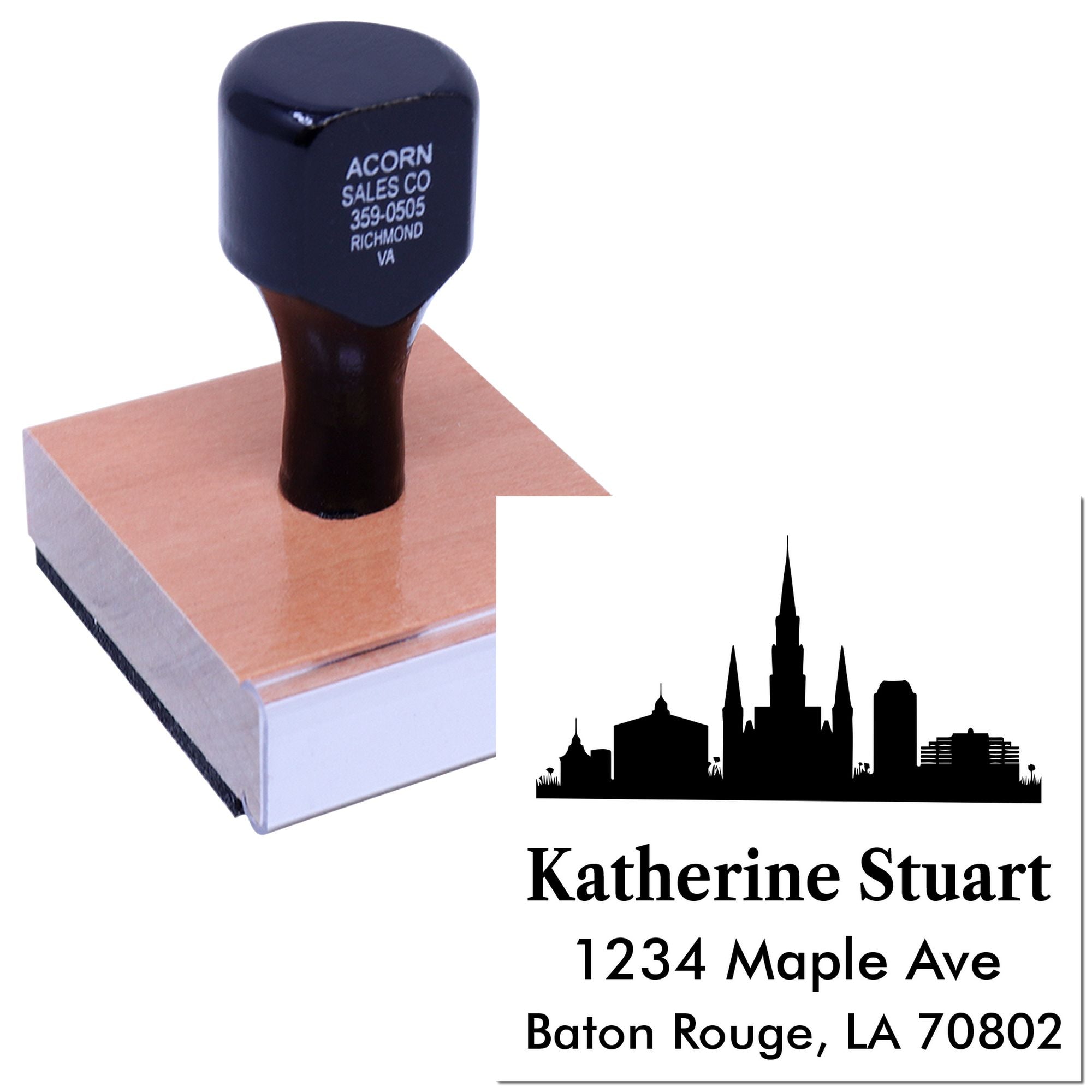 Custom return address rubber stamp with Baton Rouge skyline and personalized name and address for mailing.