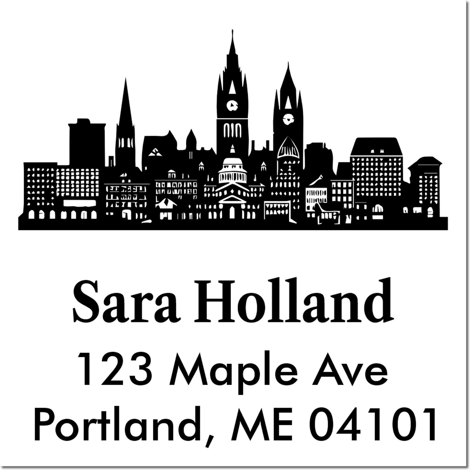 Custom return address rubber stamp with city skyline, Sara Holland, 123 Maple Ave, Portland, ME 04101