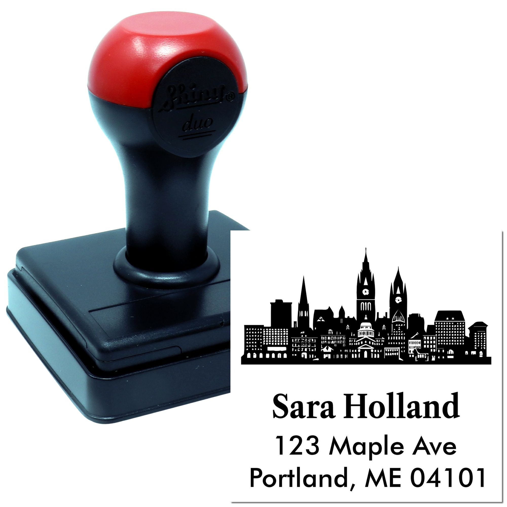 Personalized self-inking rubber return address stamp with city skyline design for Sara Holland, Portland, ME.