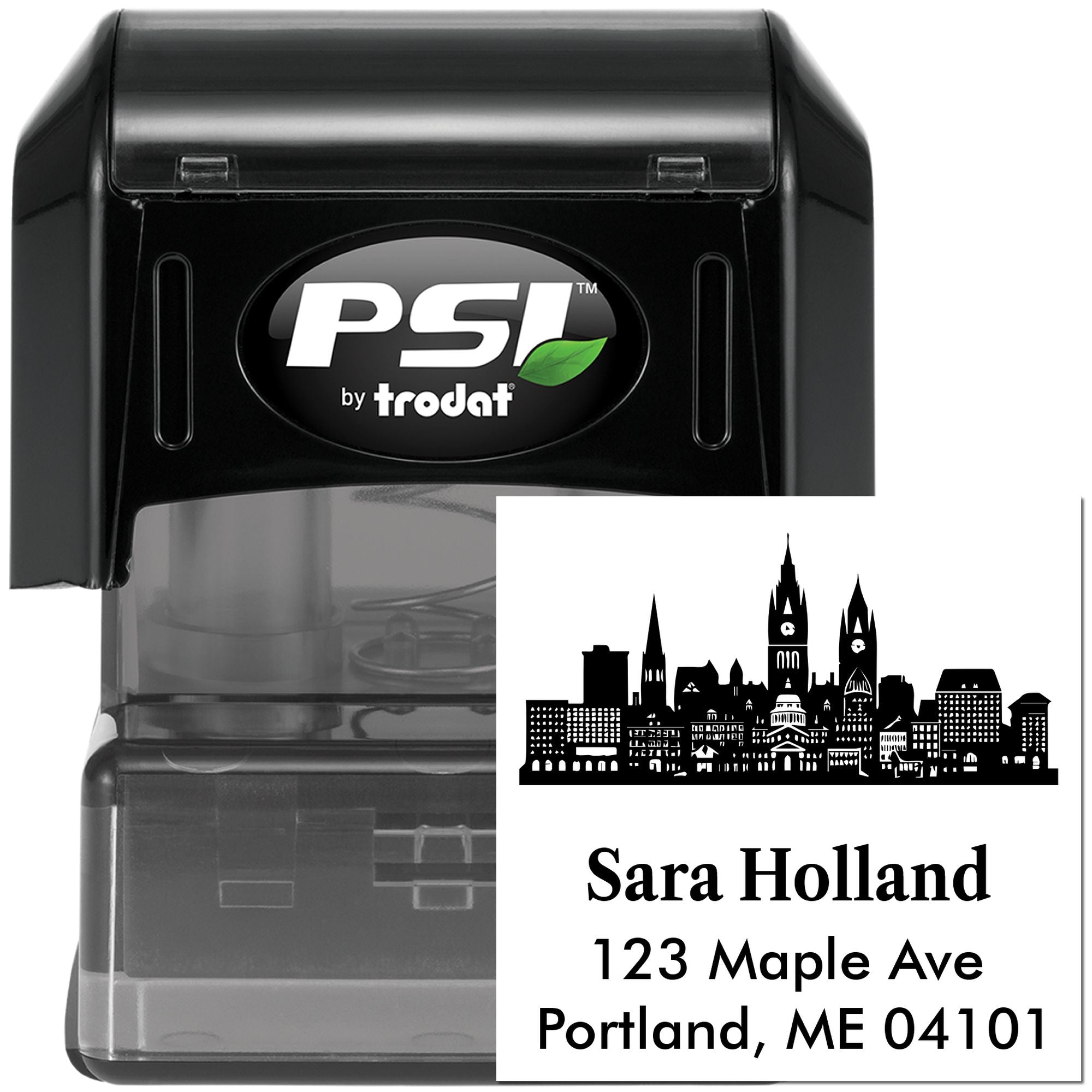 Custom self-inking PSI by Trodat rubber address stamp with city skyline design and personalized name and address