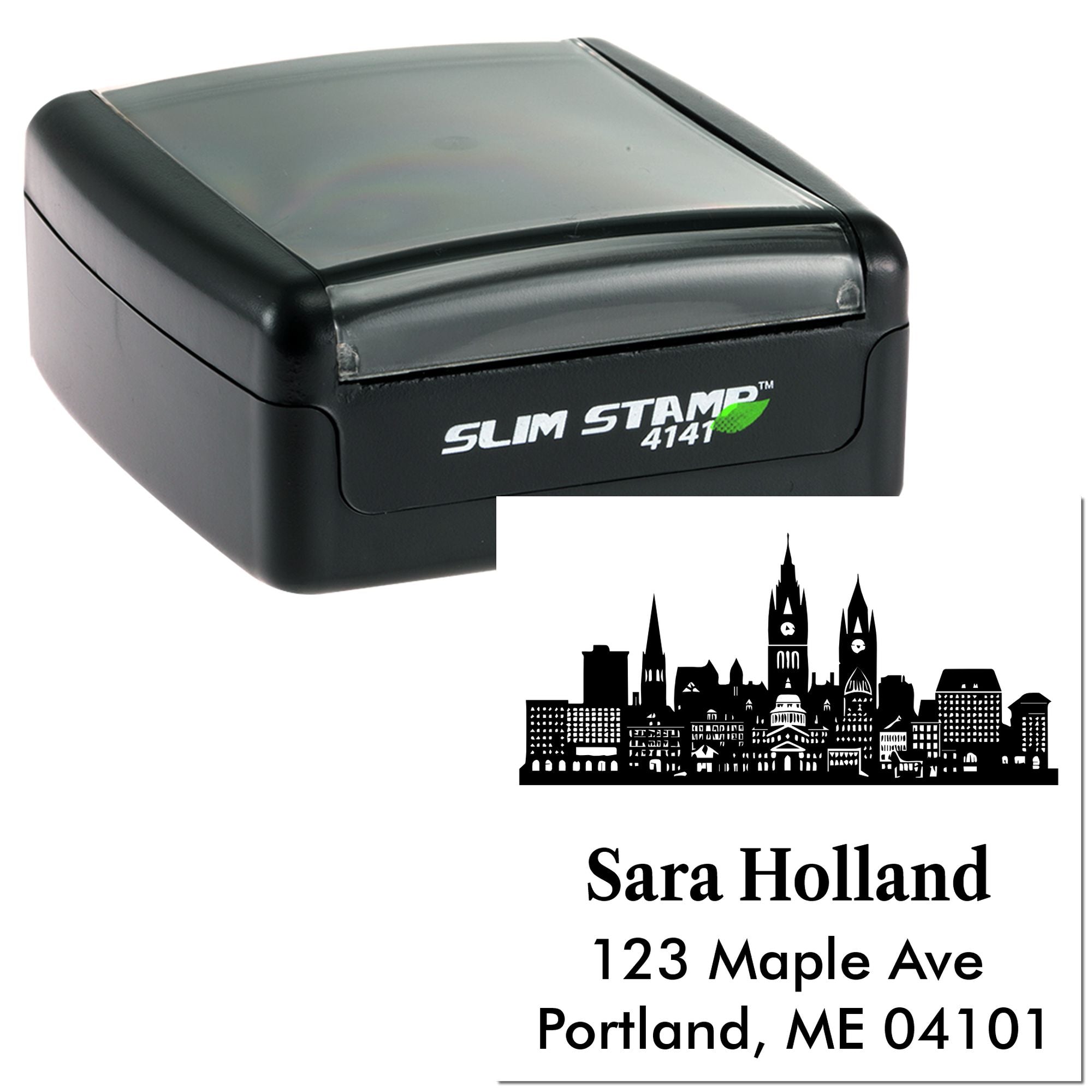 Custom self-inking rubber stamp with skyline logo and return address imprint for mailing labels and business branding.
