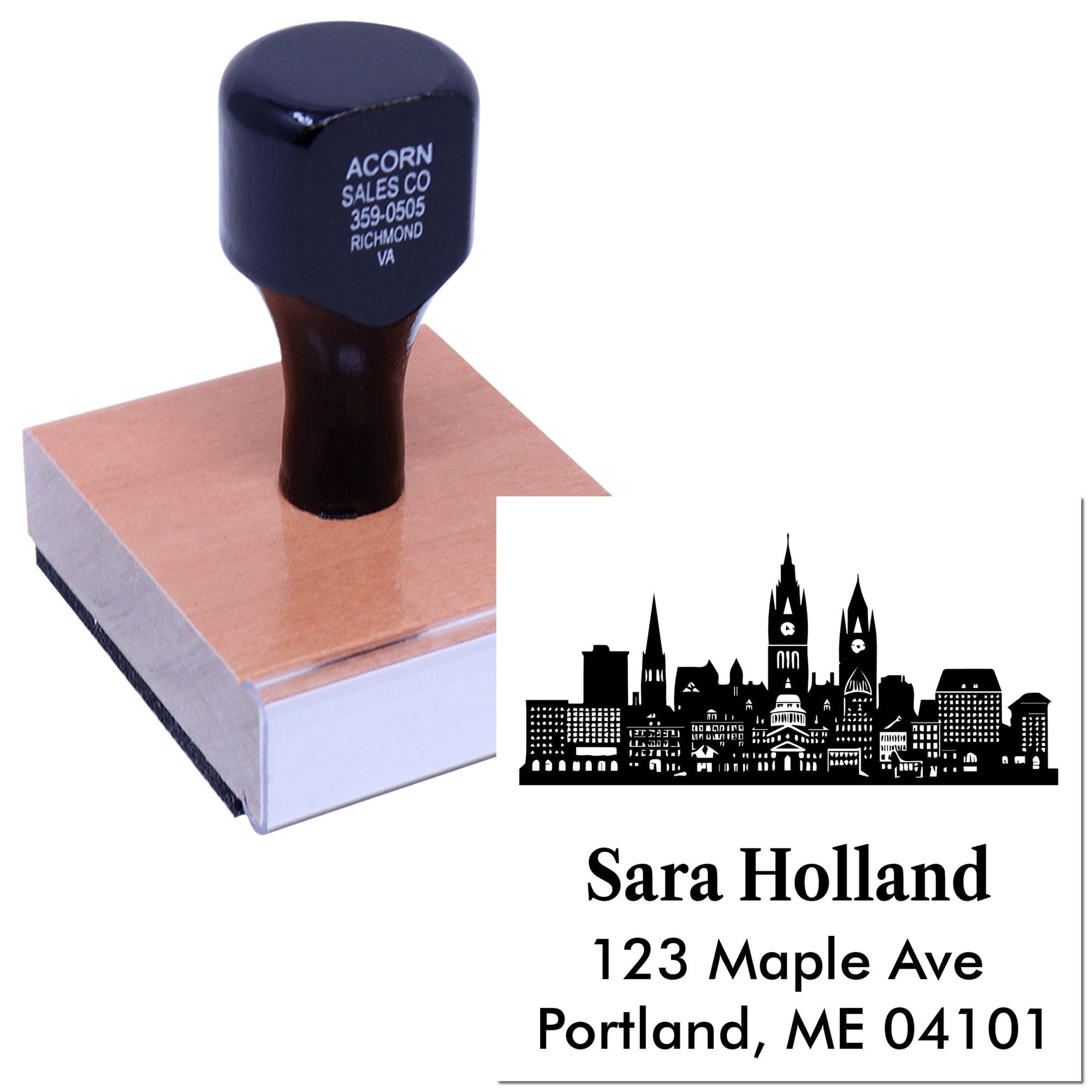 Custom self-inking rubber stamp with city skyline and return address for personalized mailing and business branding