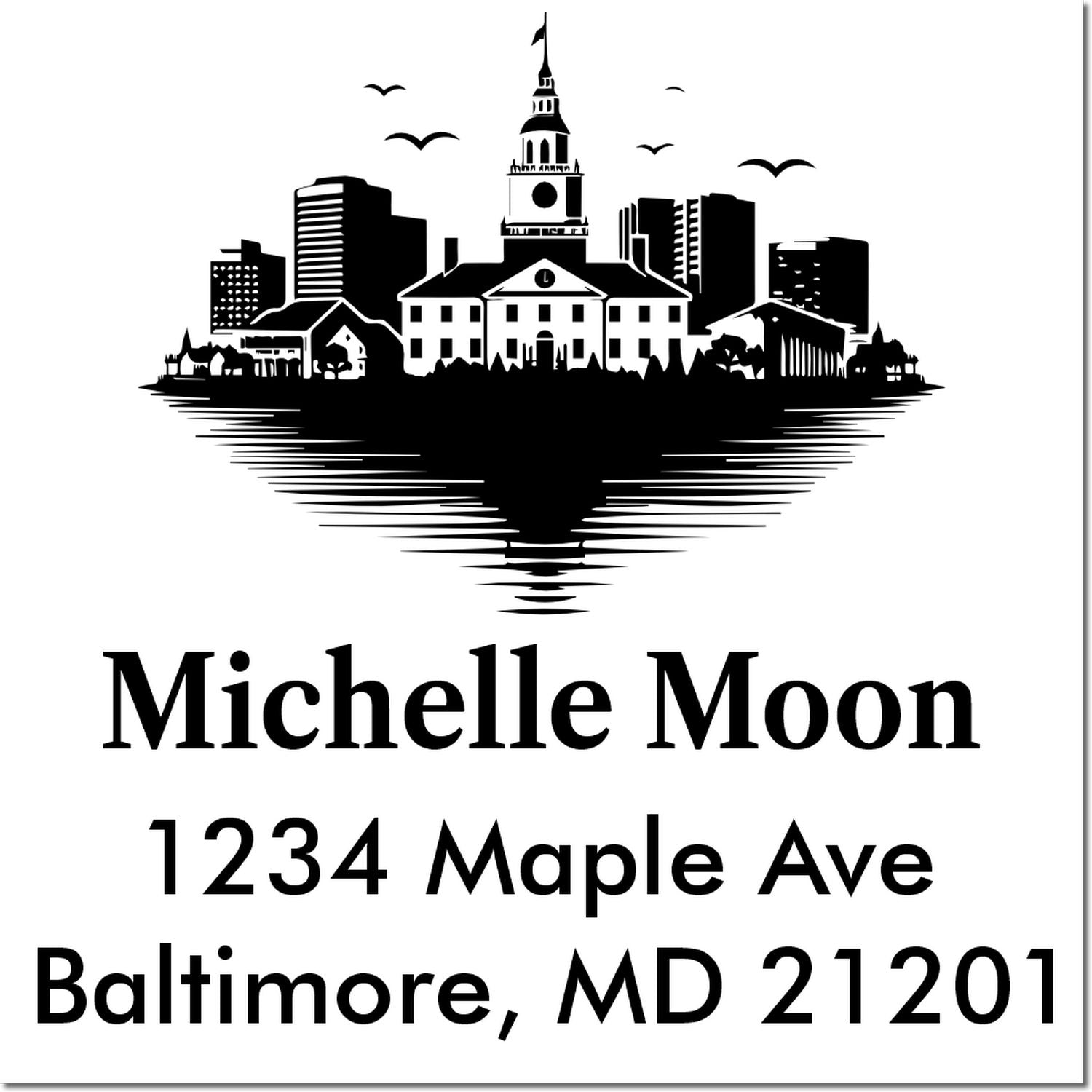 Custom Baltimore address rubber stamp with skyline, Michelle Moon, 1234 Maple Ave, Baltimore, MD 21201
