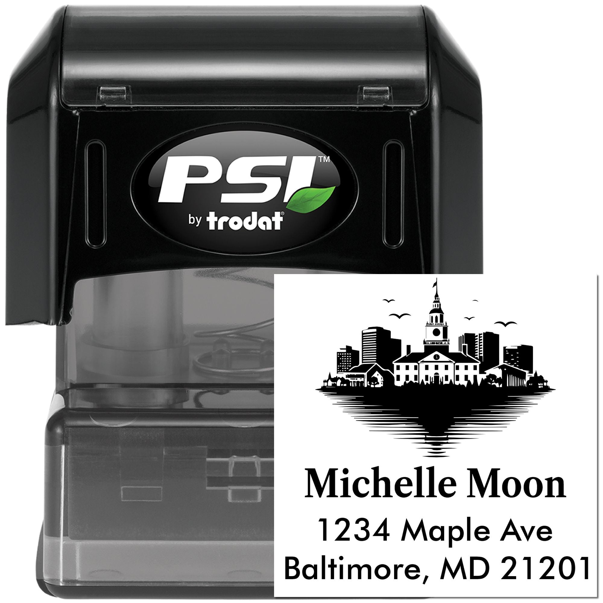 Custom self-inking rubber address stamp with skyline design, Michelle Moon, Baltimore, MD 21201, PSI by Trodat.