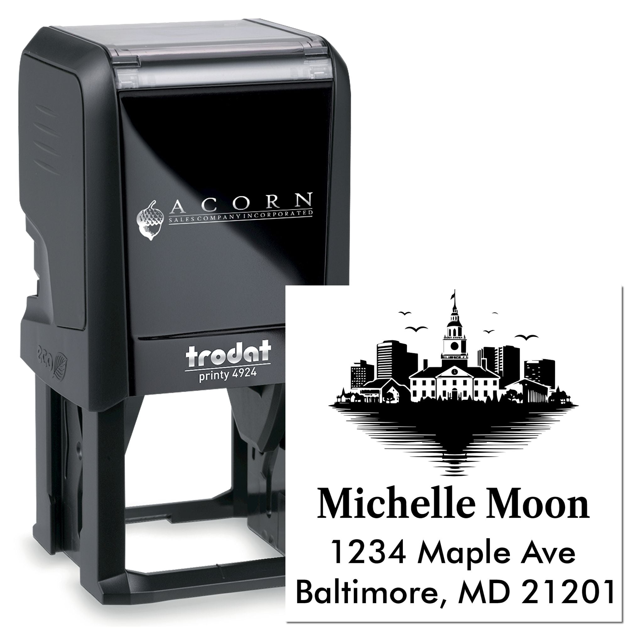 Custom self-inking rubber address stamp, Trodat Printy 4924, with city skyline design for Michelle Moon