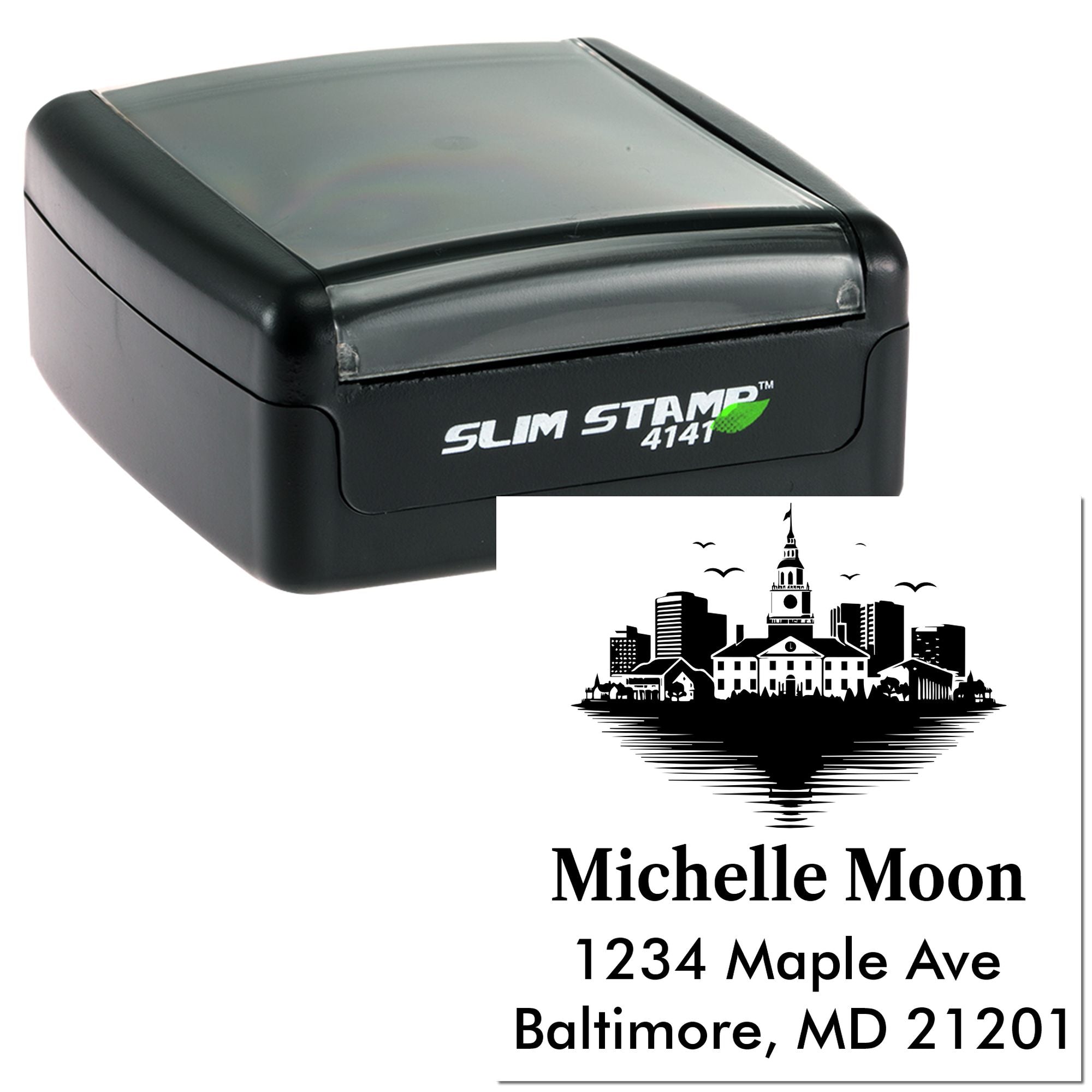 Slim Stamp 4141 self-inking custom return address rubber stamp with city skyline, Michelle Moon, Baltimore, MD 21201.