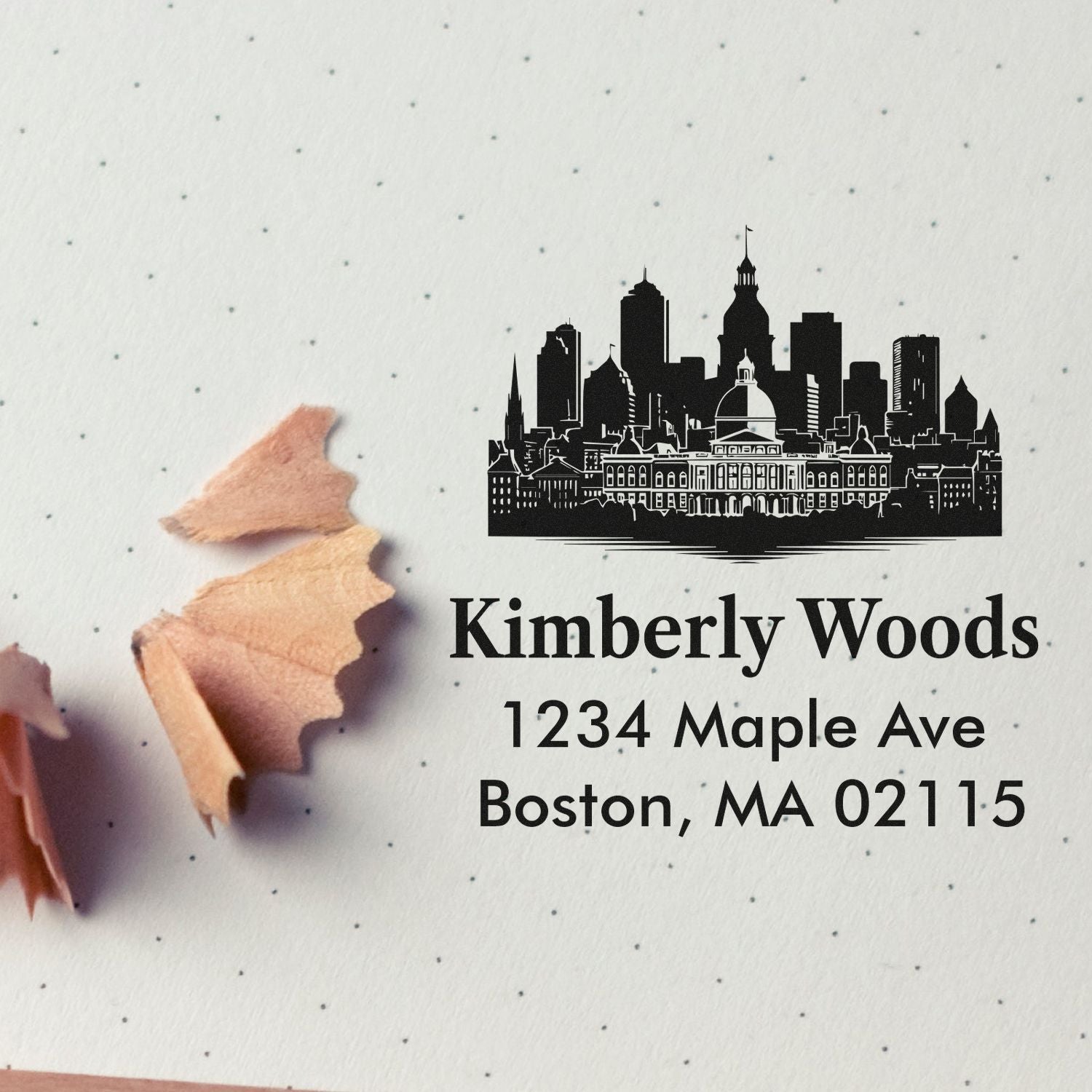 Custom Boston return address rubber stamp with skyline design for Kimberly Woods, 1234 Maple Ave, Boston, MA 02115