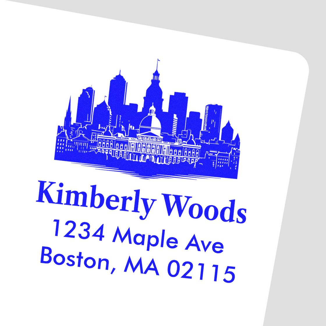 Custom Boston return address rubber stamp with skyline for Kimberly Woods, 1234 Maple Ave, Boston, MA 02115.