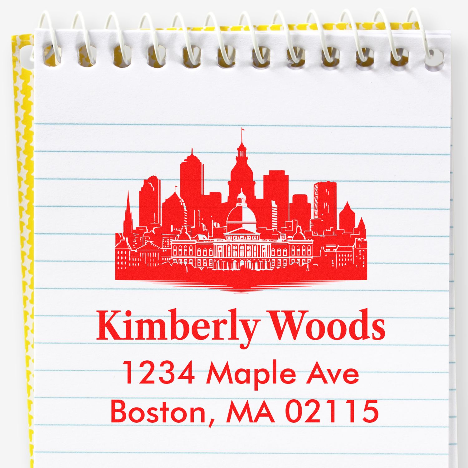 Custom return address rubber stamp with Boston skyline for Kimberly Woods, 1234 Maple Ave, Boston, MA 02115.