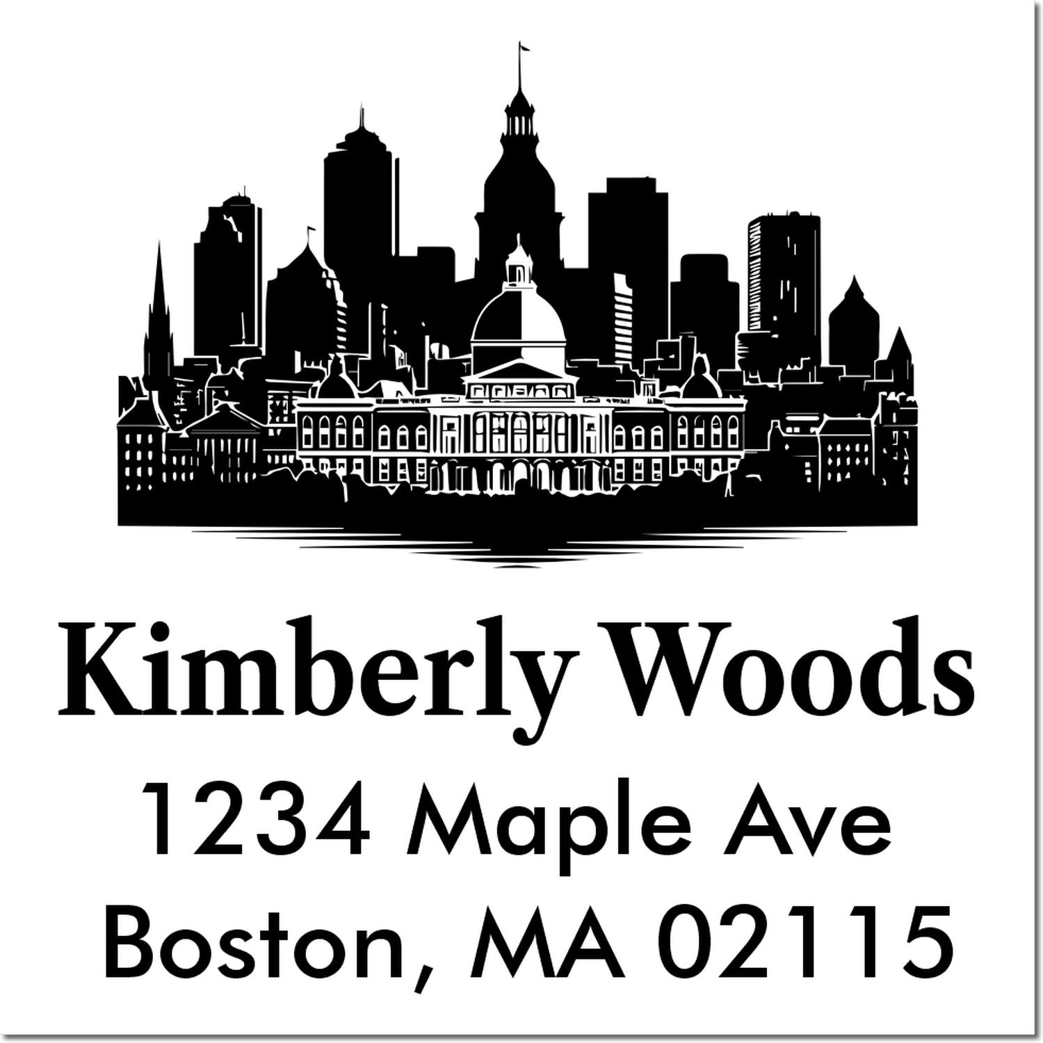 Custom Boston skyline return address rubber stamp for Kimberly Woods, 1234 Maple Ave, Boston, MA 02115.