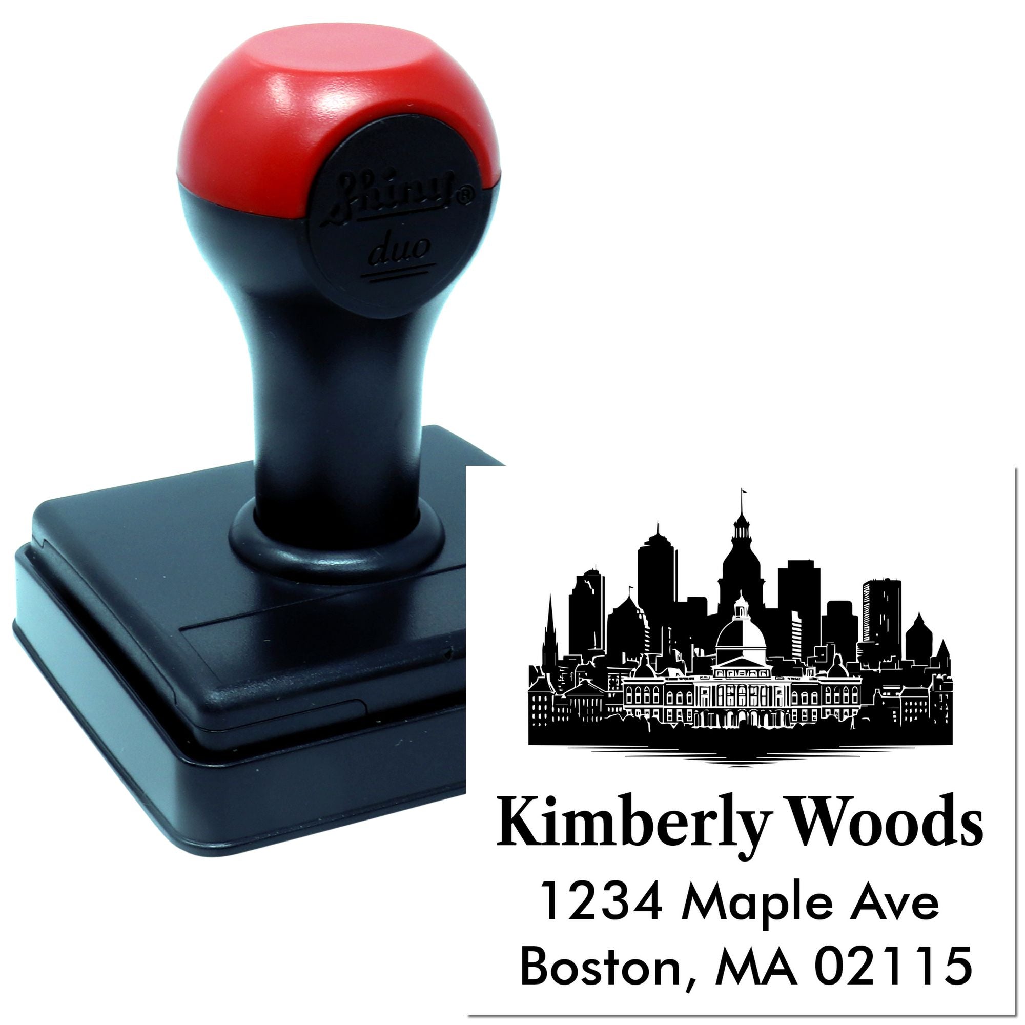 Custom self-inking rubber address stamp with Boston skyline design for Kimberly Woods, 1234 Maple Ave, Boston, MA 02115