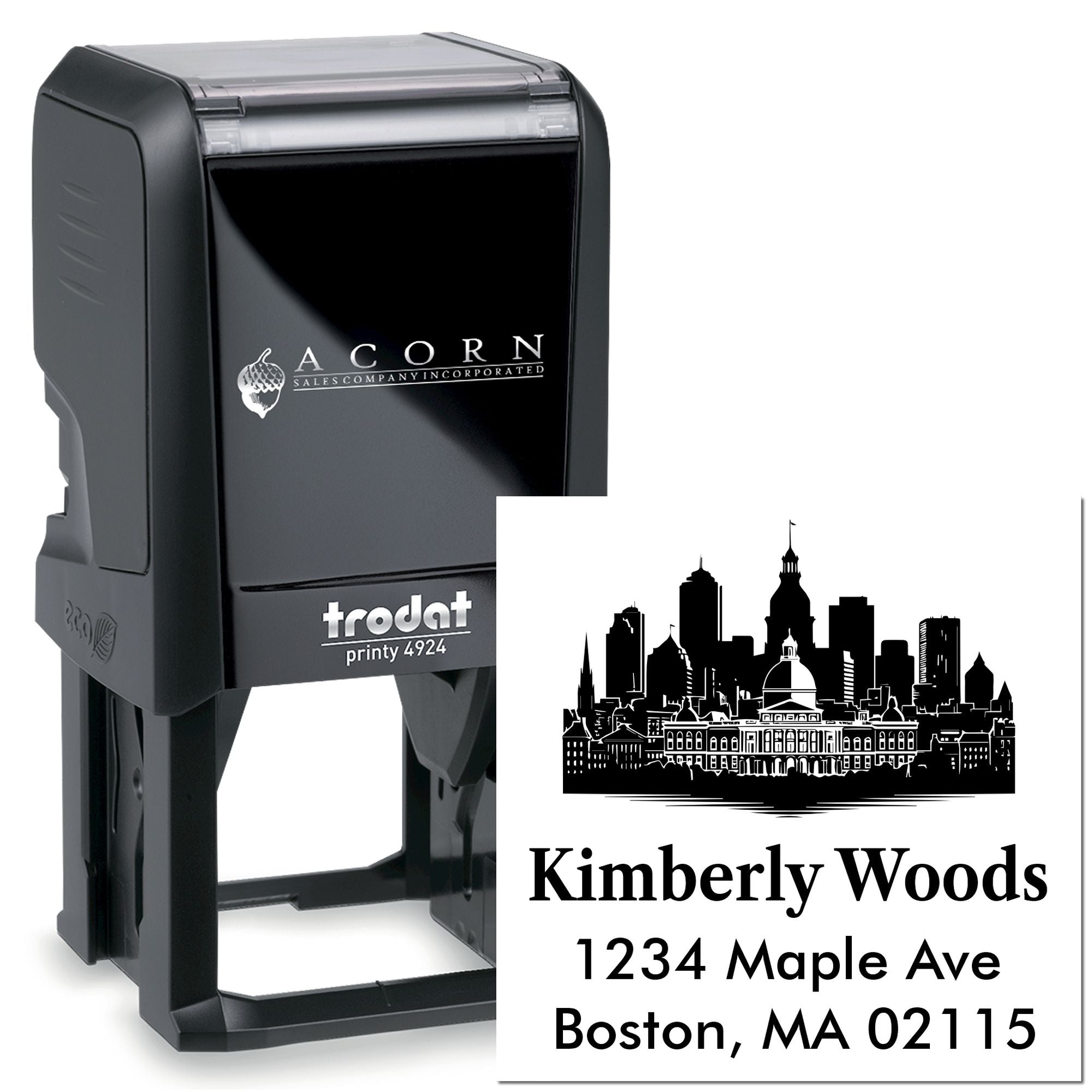 Custom self-inking rubber address stamp with Boston skyline design, personalized for Kimberly Woods, 1234 Maple Ave.