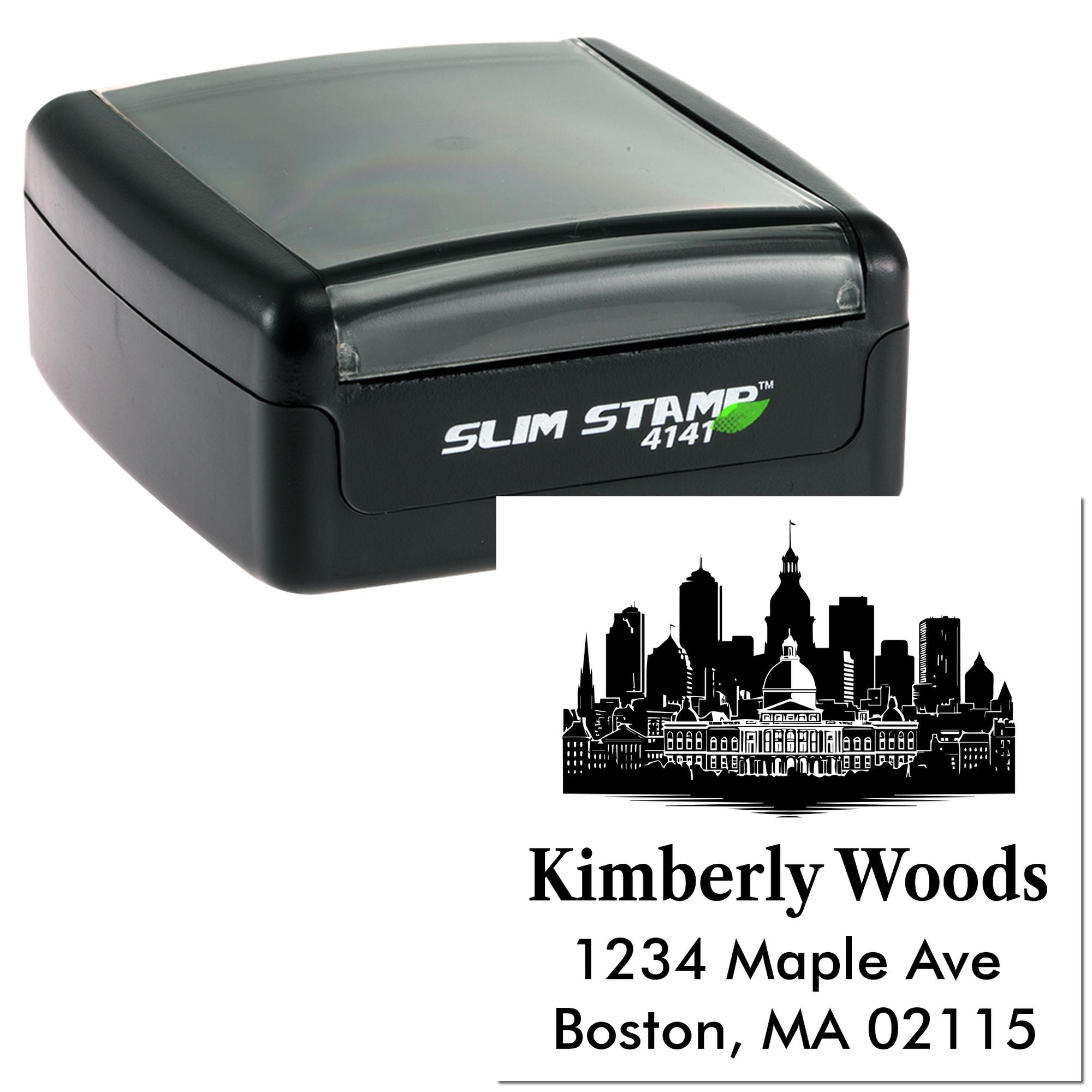 Custom self-inking rubber address stamp with Boston skyline and personalized return address imprint