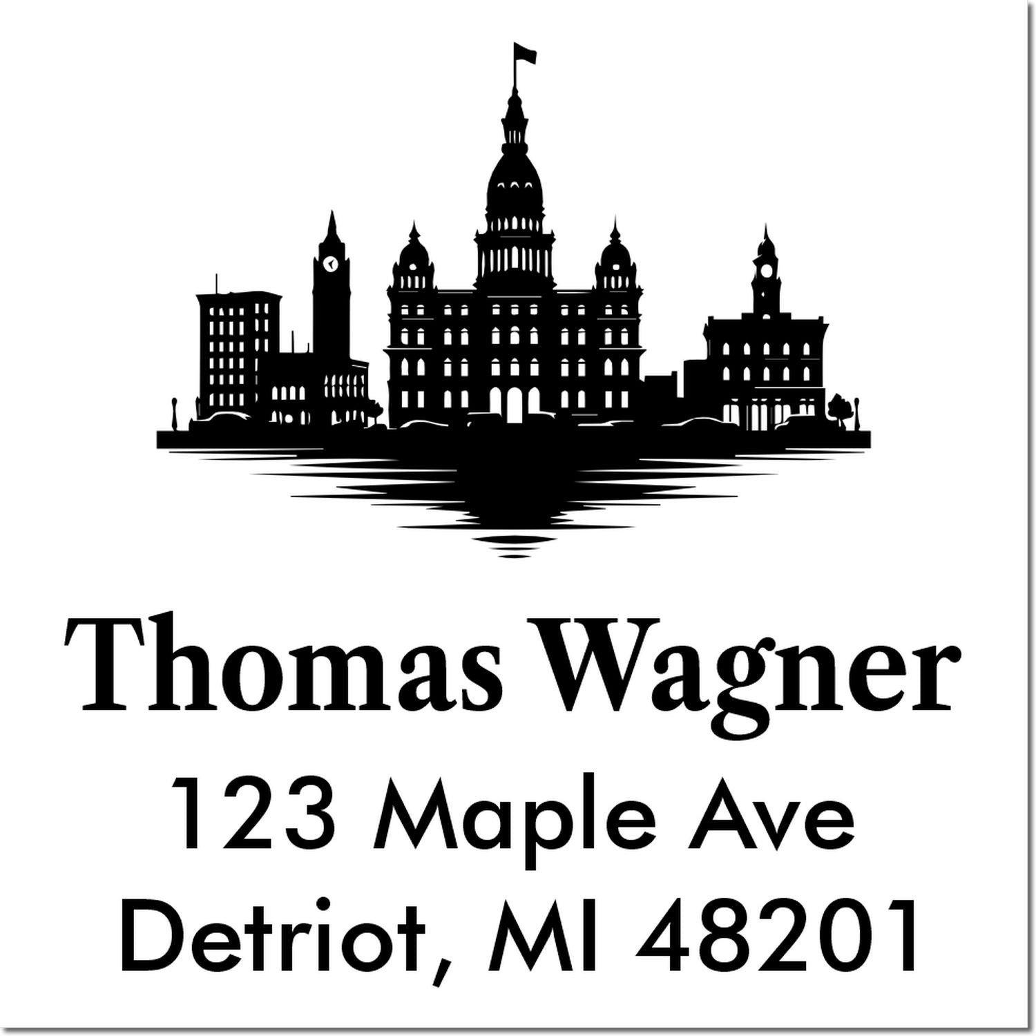 Custom rubber stamp with Detroit skyline silhouette and return address for Thomas Wagner, 123 Maple Ave, Detroit, MI 48201.