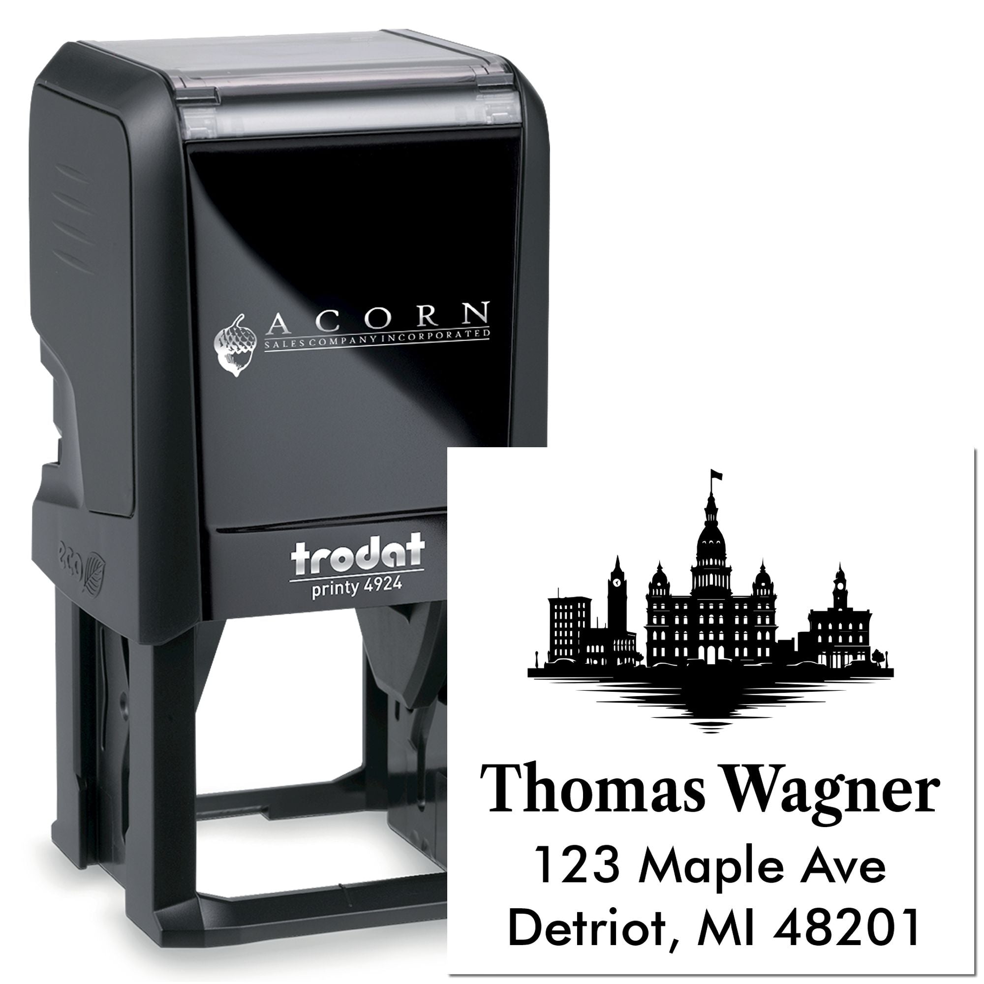 Custom self-inking rubber address stamp with skyline design for business mail, Thomas Wagner, 123 Maple Ave, Detroit, MI