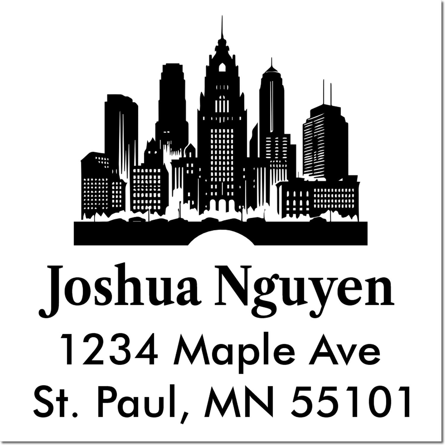 Custom return address rubber stamp with city skyline, Joshua Nguyen, 1234 Maple Ave, St. Paul, MN 55101