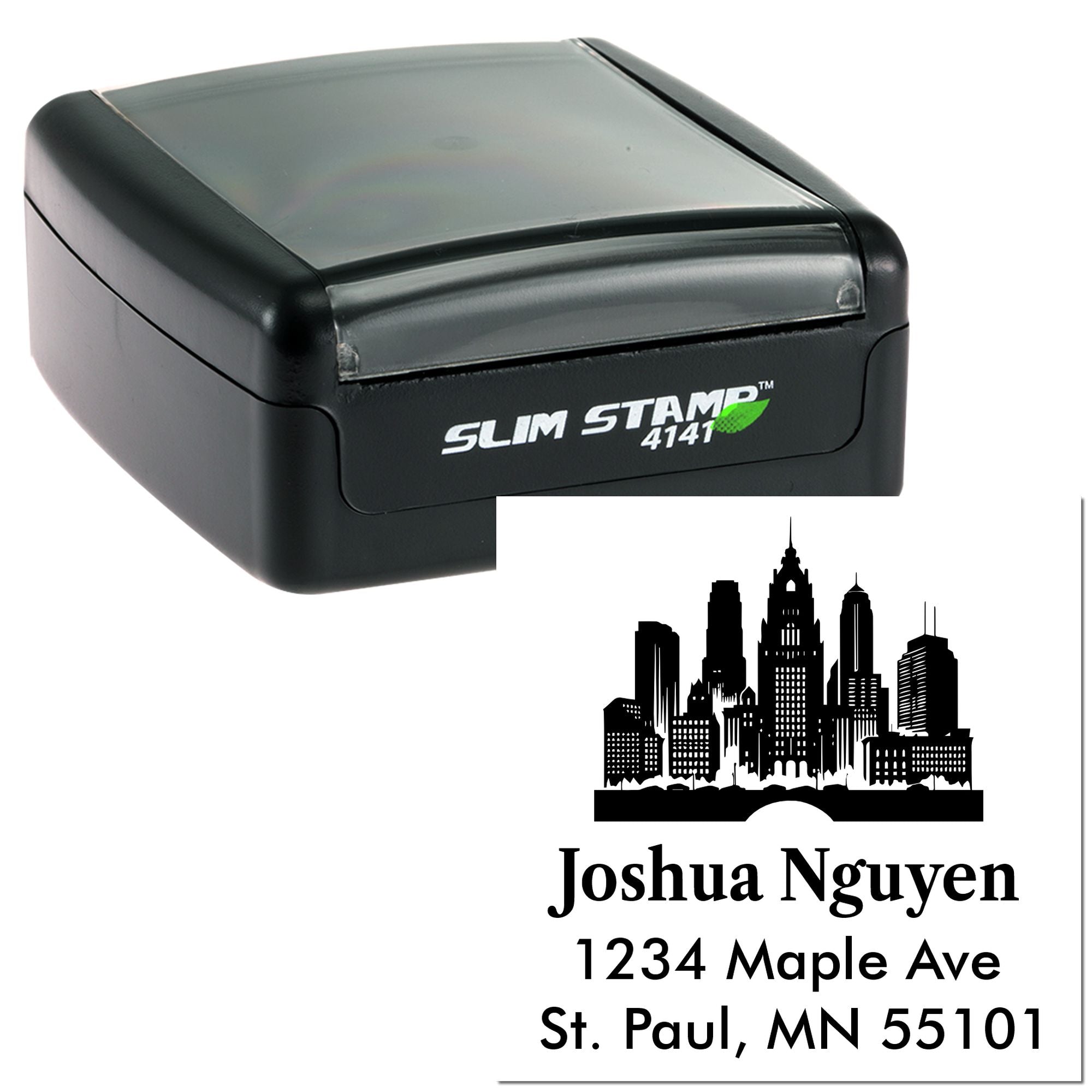 Self-inking custom address rubber stamp with skyline design, featuring Joshua Nguyen and St. Paul, MN mailing details.