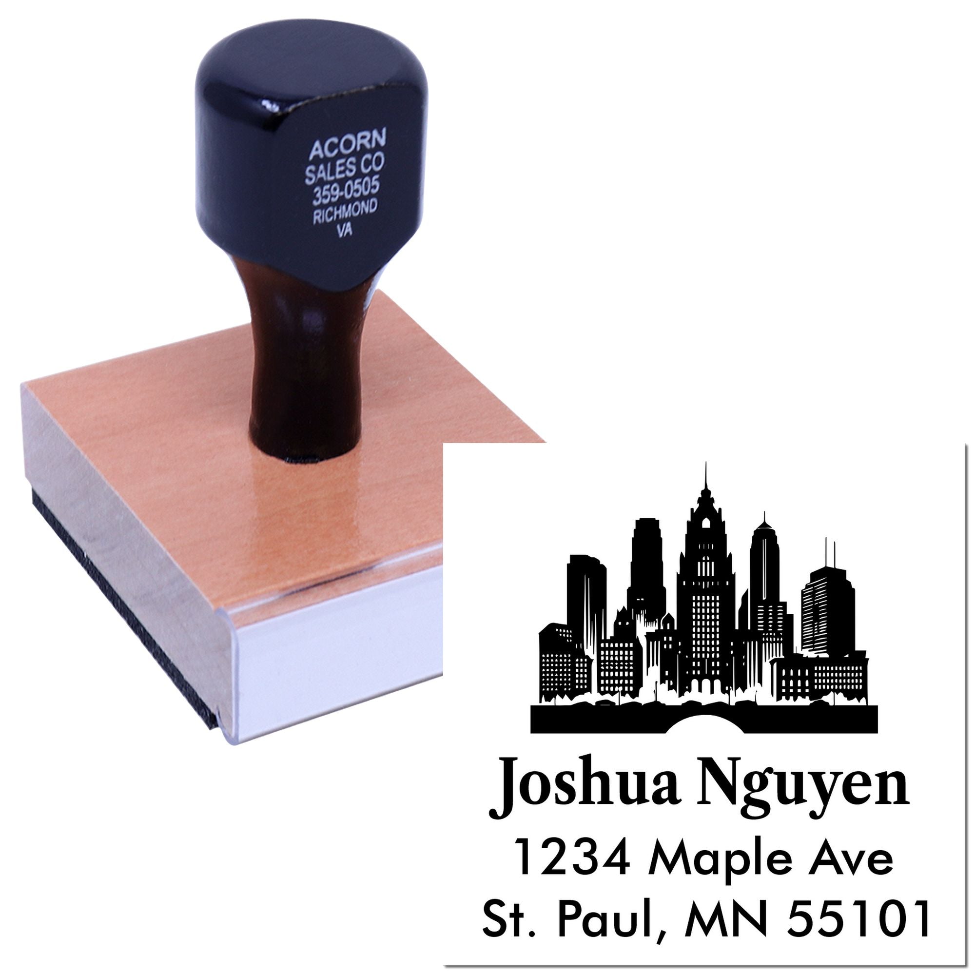 Custom return address rubber stamp with skyline design and personalized name, street address, and city.