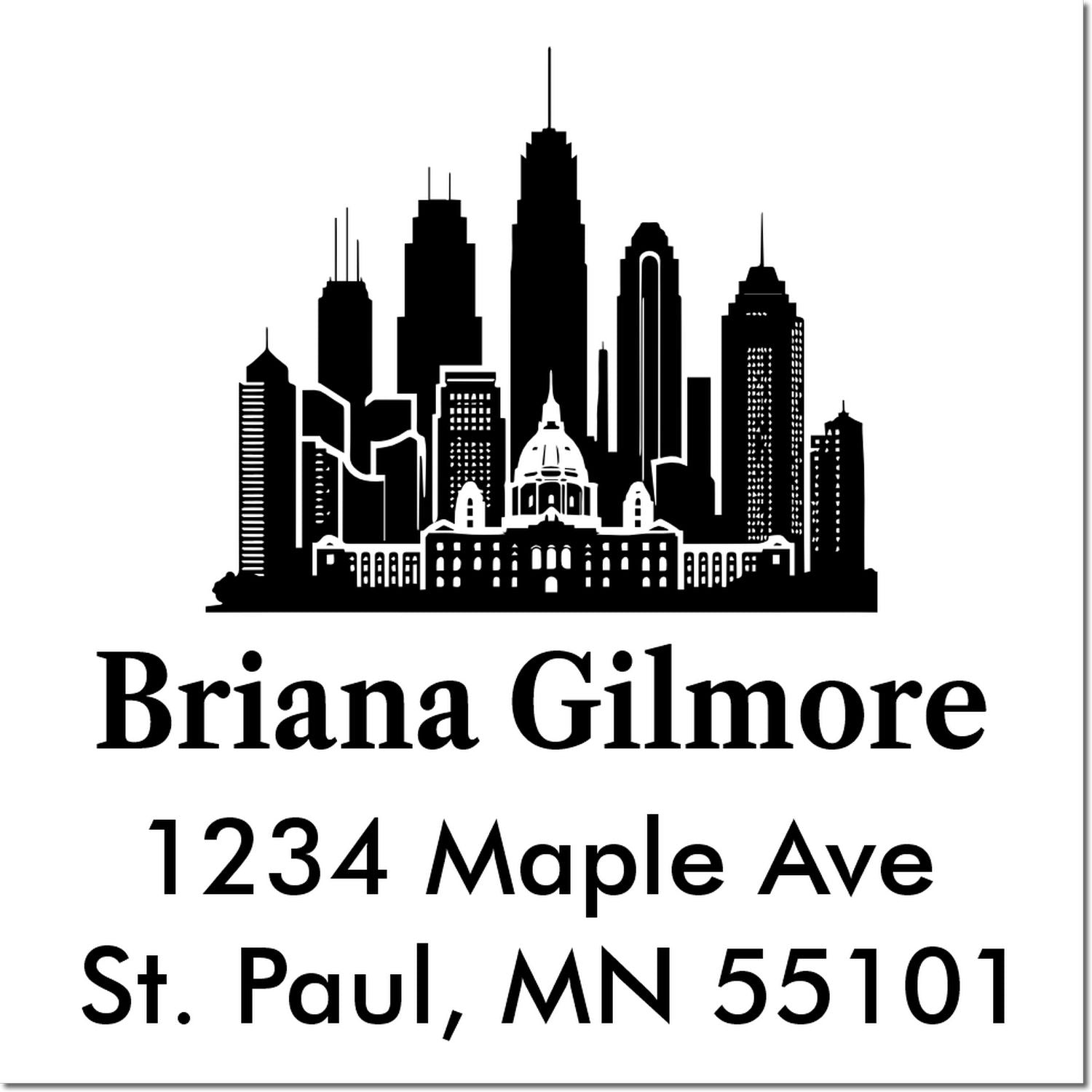 Custom return address rubber stamp with St. Paul skyline, Briana Gilmore, 1234 Maple Ave, St. Paul, MN 55101.
