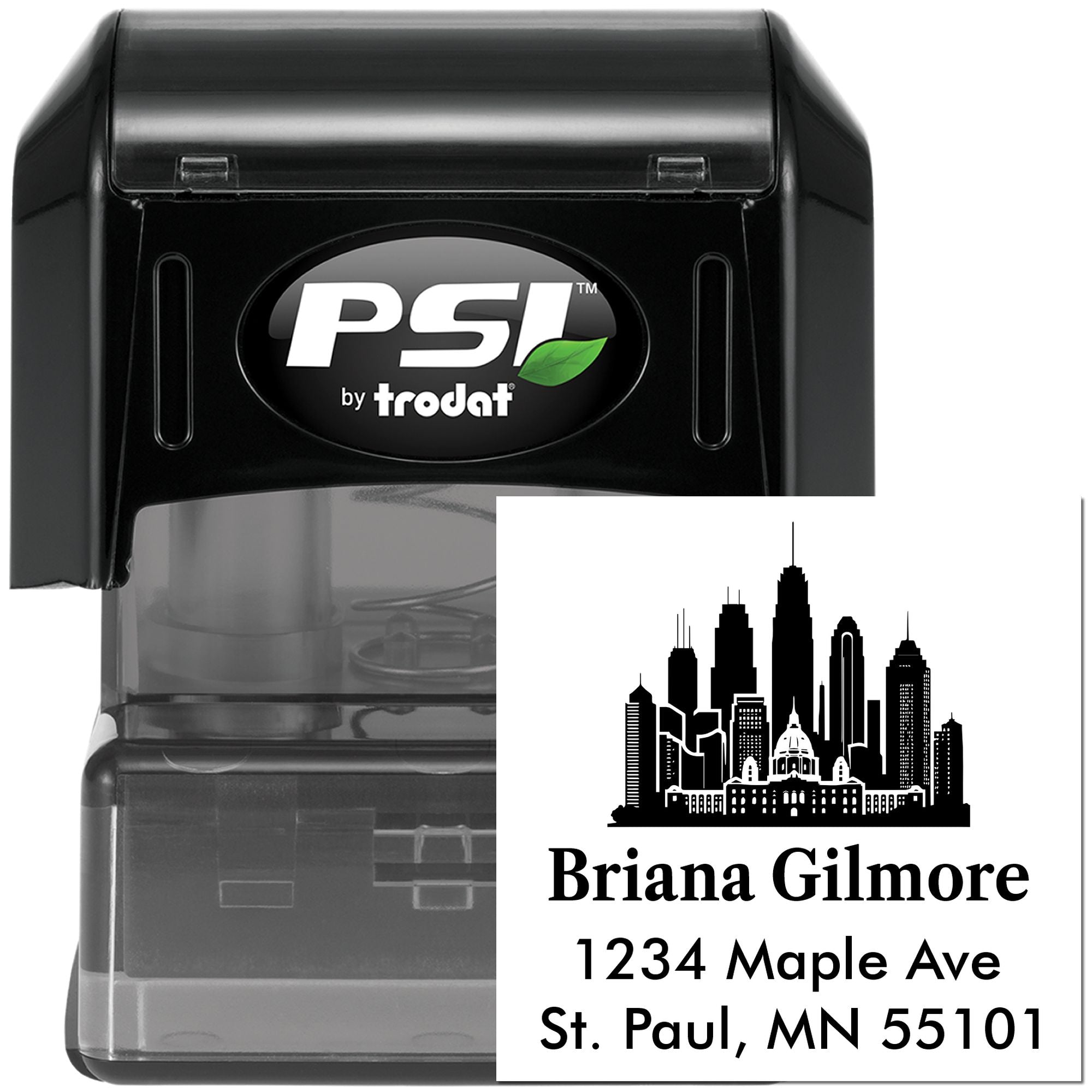 Custom self-inking return address rubber stamp by PSI Trodat featuring skyline design for Briana Gilmore, St. Paul, MN 55101